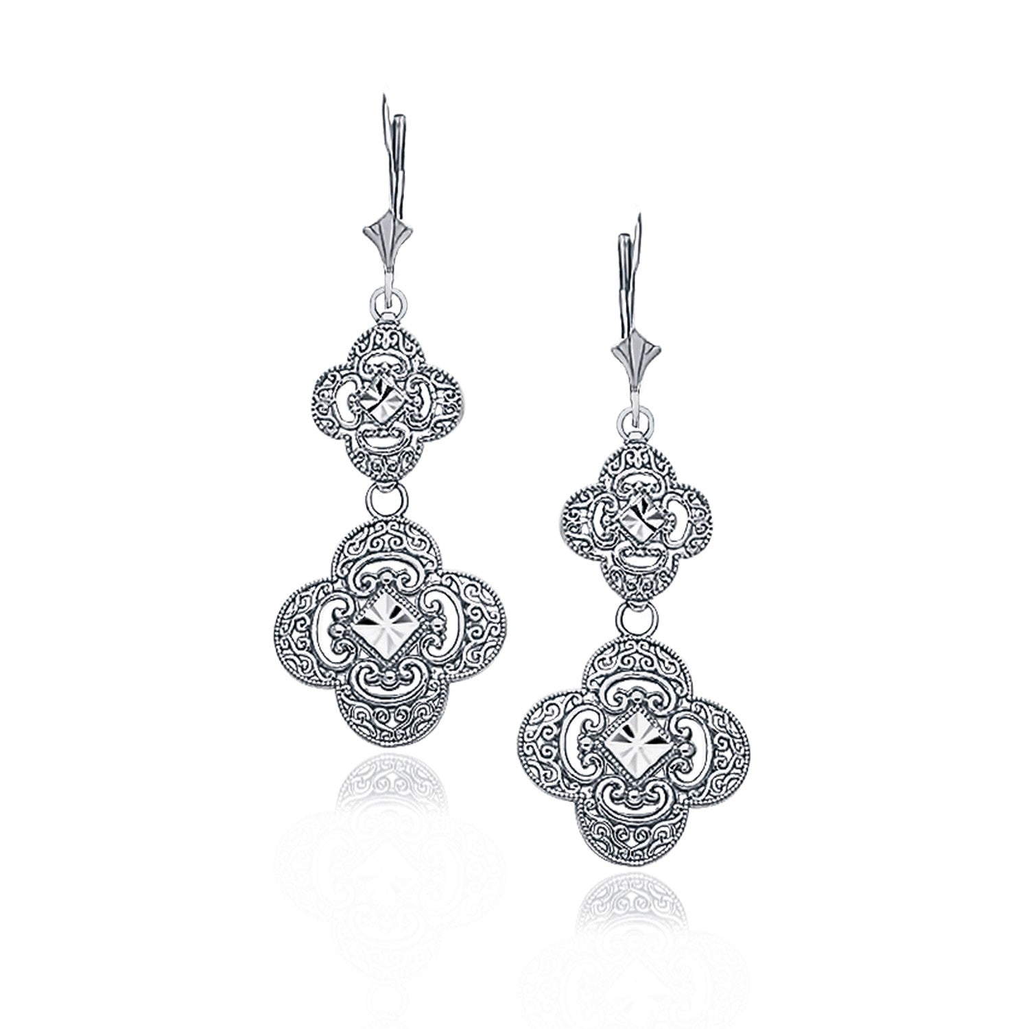 14K White Gold Vintage Look Double Quatrefoil Dangle Earrings - LinkagejewelrydesignLinkagejewelrydesign