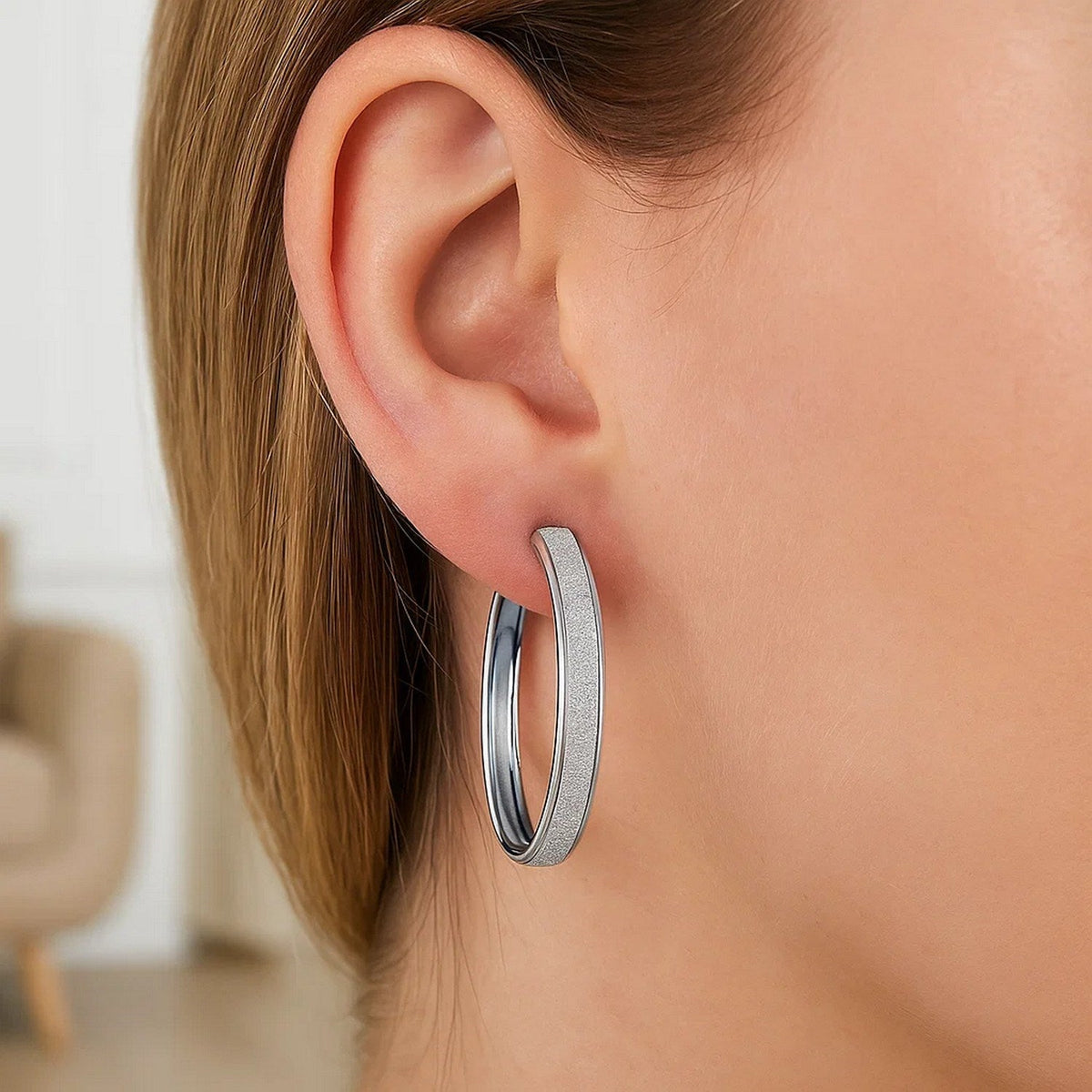 14k White Tone Gold Hoop Style Earrings with Center Glitter Look Design(4x30mm) - LinkagejewelrydesignLinkagejewelrydesign