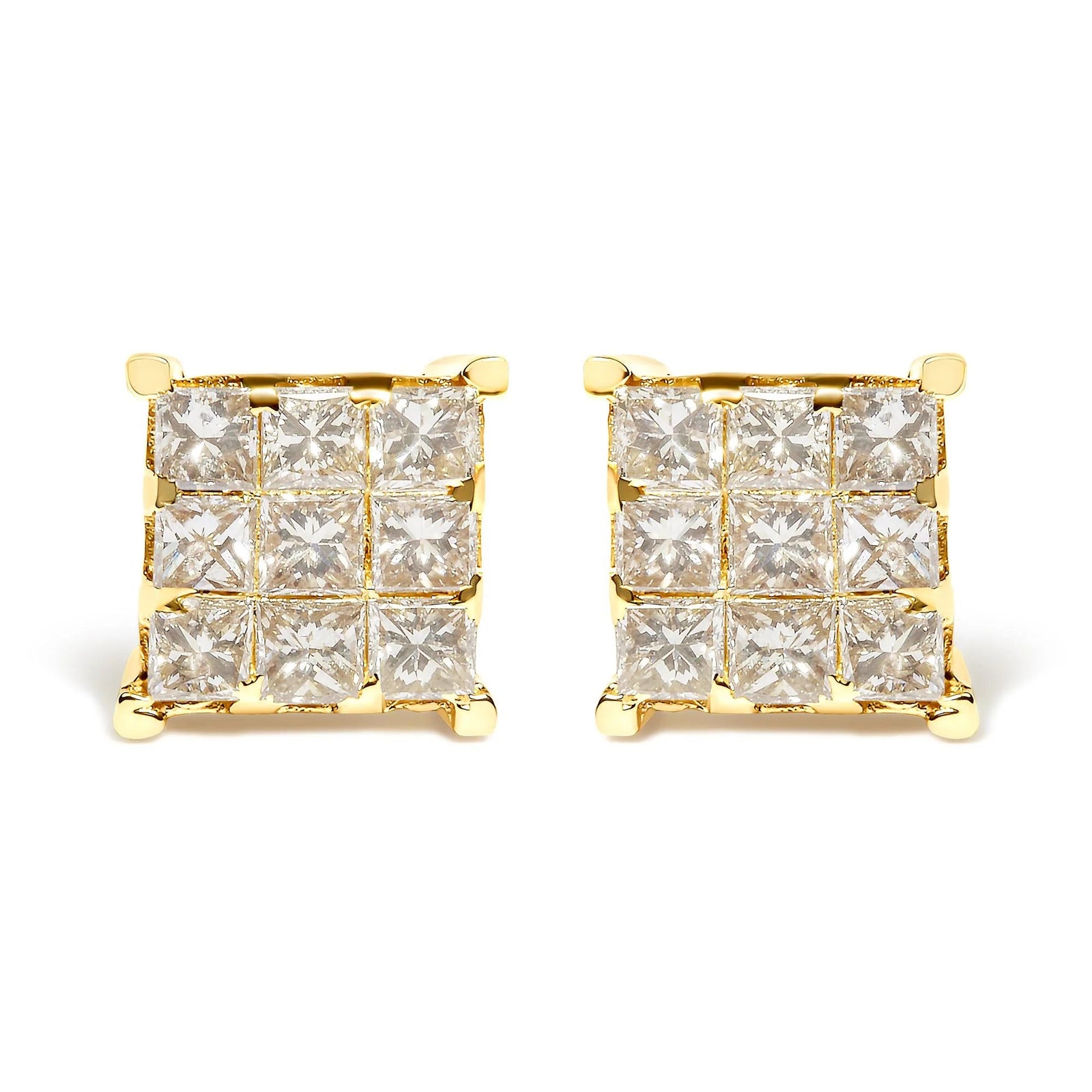 14K Yellow Gold 1 1/2 Cttw Invisible Set Princess - Cut Diamond 9 Stone Square Stud Earrings (J - K Color, SI2 - I1 Clarity) - LinkagejewelrydesignLinkagejewelrydesign