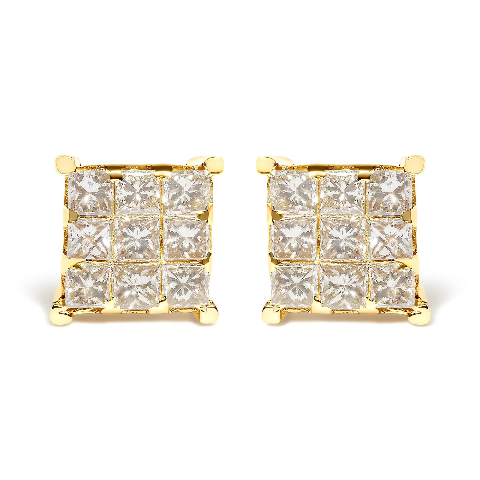 14K Yellow Gold 1 1/2 Cttw Invisible Set Princess - Cut Diamond 9 Stone Square Stud Earrings (J - K Color, SI2 - I1 Clarity) - LinkagejewelrydesignLinkagejewelrydesign