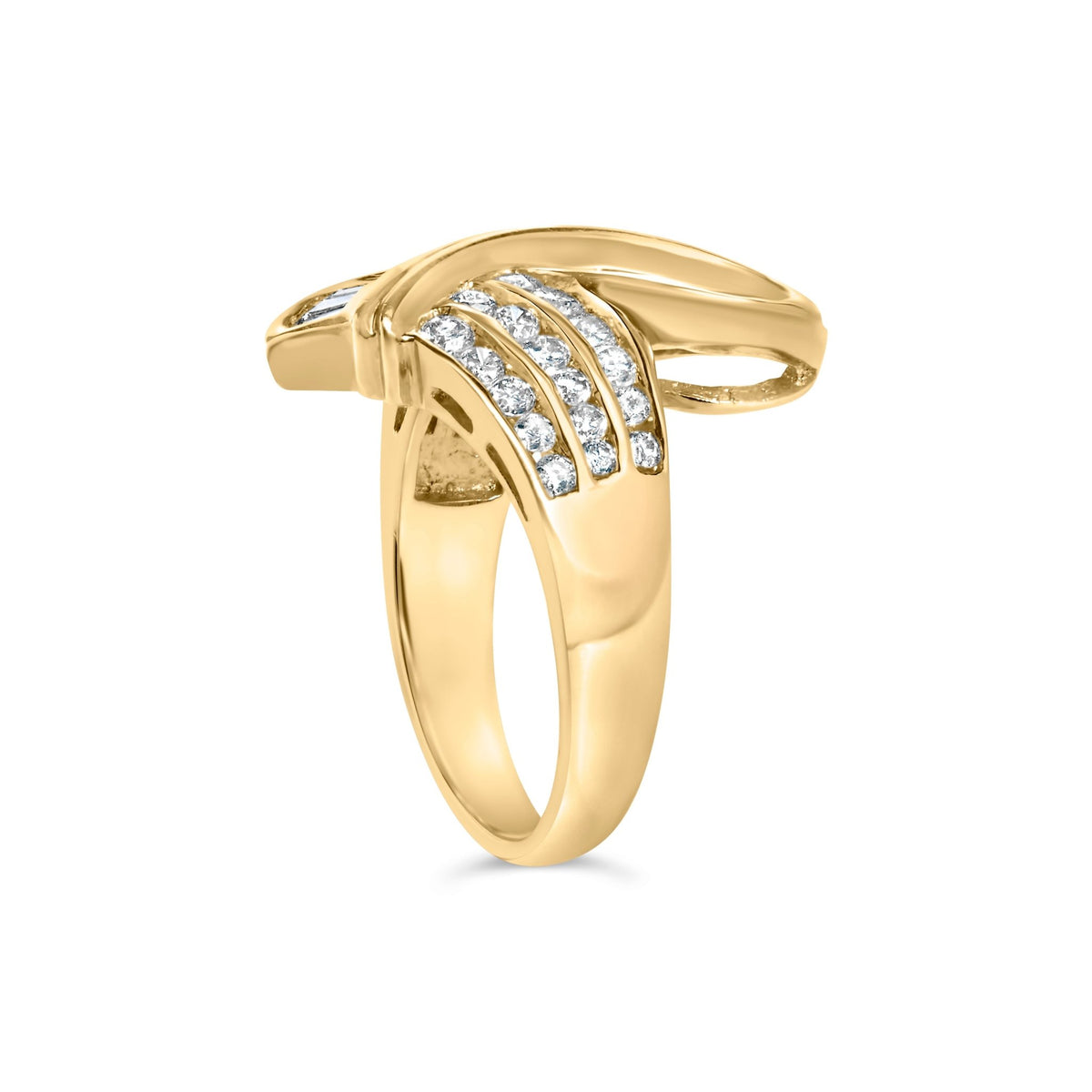 14K Yellow Gold 1 1/3 Cttw Channel Set Diamond Bypass Cocktail Ring (J - K Color, I1 - I2 Clarity) - Ring Size 7 - LinkagejewelrydesignLinkagejewelrydesign