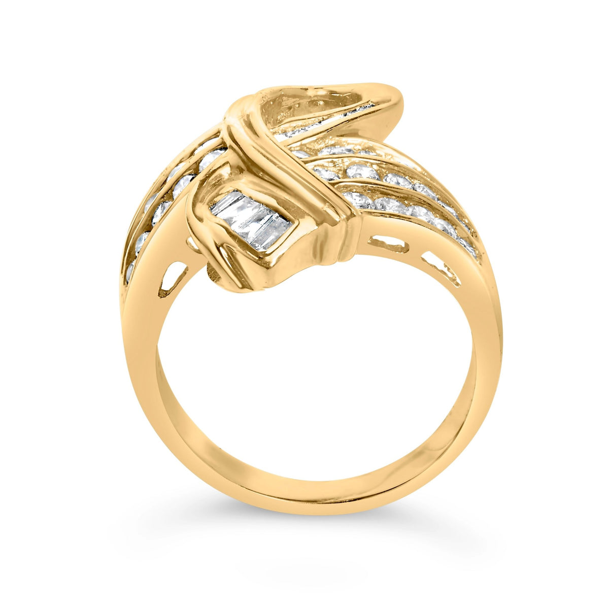 14K Yellow Gold 1 1/3 Cttw Channel Set Diamond Bypass Cocktail Ring (J - K Color, I1 - I2 Clarity) - Ring Size 7 - LinkagejewelrydesignLinkagejewelrydesign