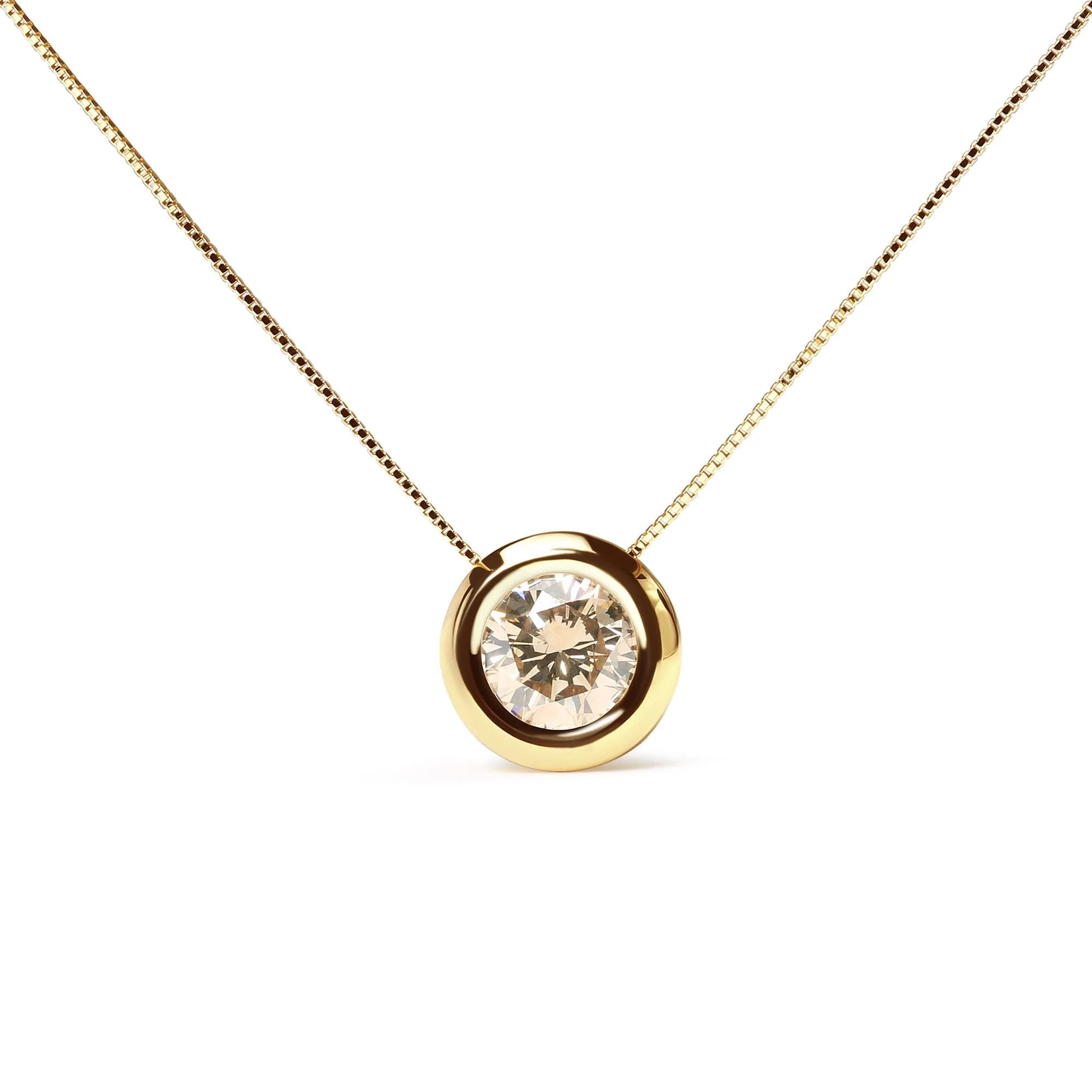 14K Yellow Gold 1 3/8 Cttw Bezel Set Round Champagne Diamond Solitaire 18" Pendant Necklace (Champagne Color, SI2 - I1 Clarity) - LinkagejewelrydesignLinkagejewelrydesign