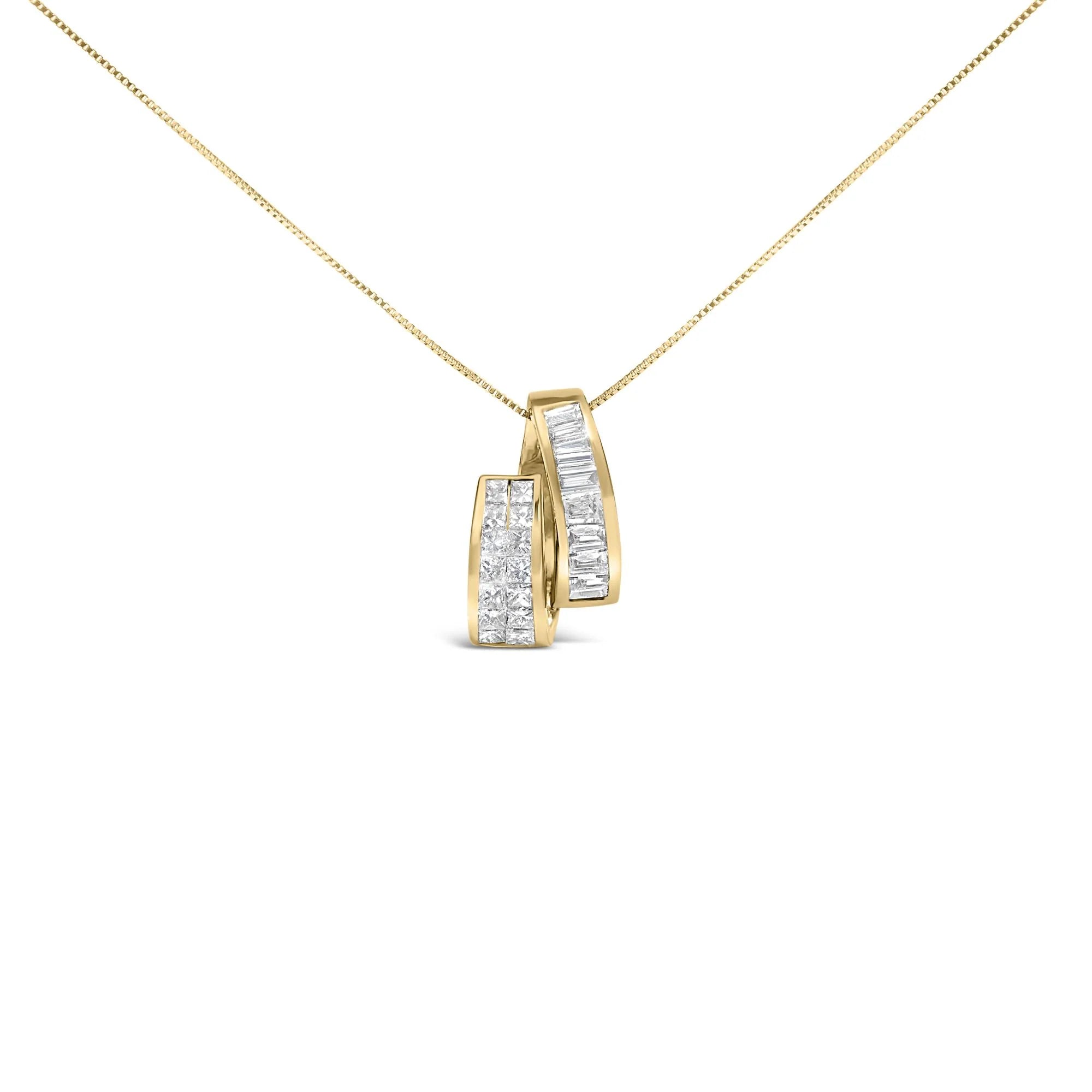 14K Yellow Gold 1 5/8 Cttw Princess and Baguette Diamond Duo Bar Pendant Necklace (G - H Color, VS2 - SI1 Clarity) - 18" - LinkagejewelrydesignLinkagejewelrydesign