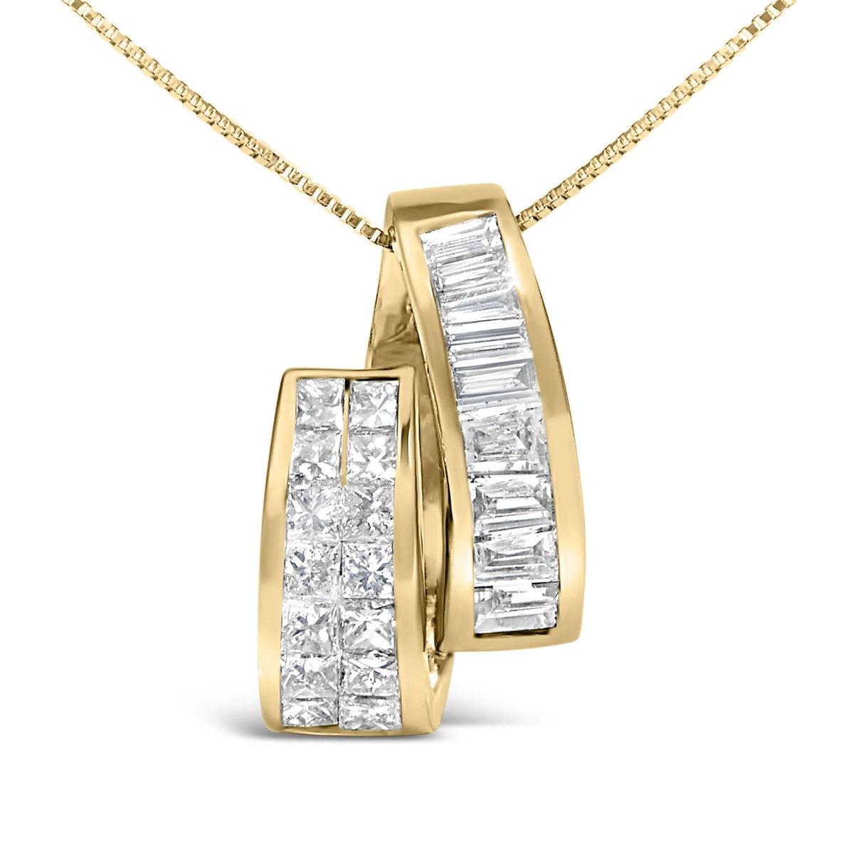 14K Yellow Gold 1 5/8 Cttw Princess and Baguette Diamond Duo Bar Pendant Necklace (G - H Color, VS2 - SI1 Clarity) - 18" - LinkagejewelrydesignLinkagejewelrydesign