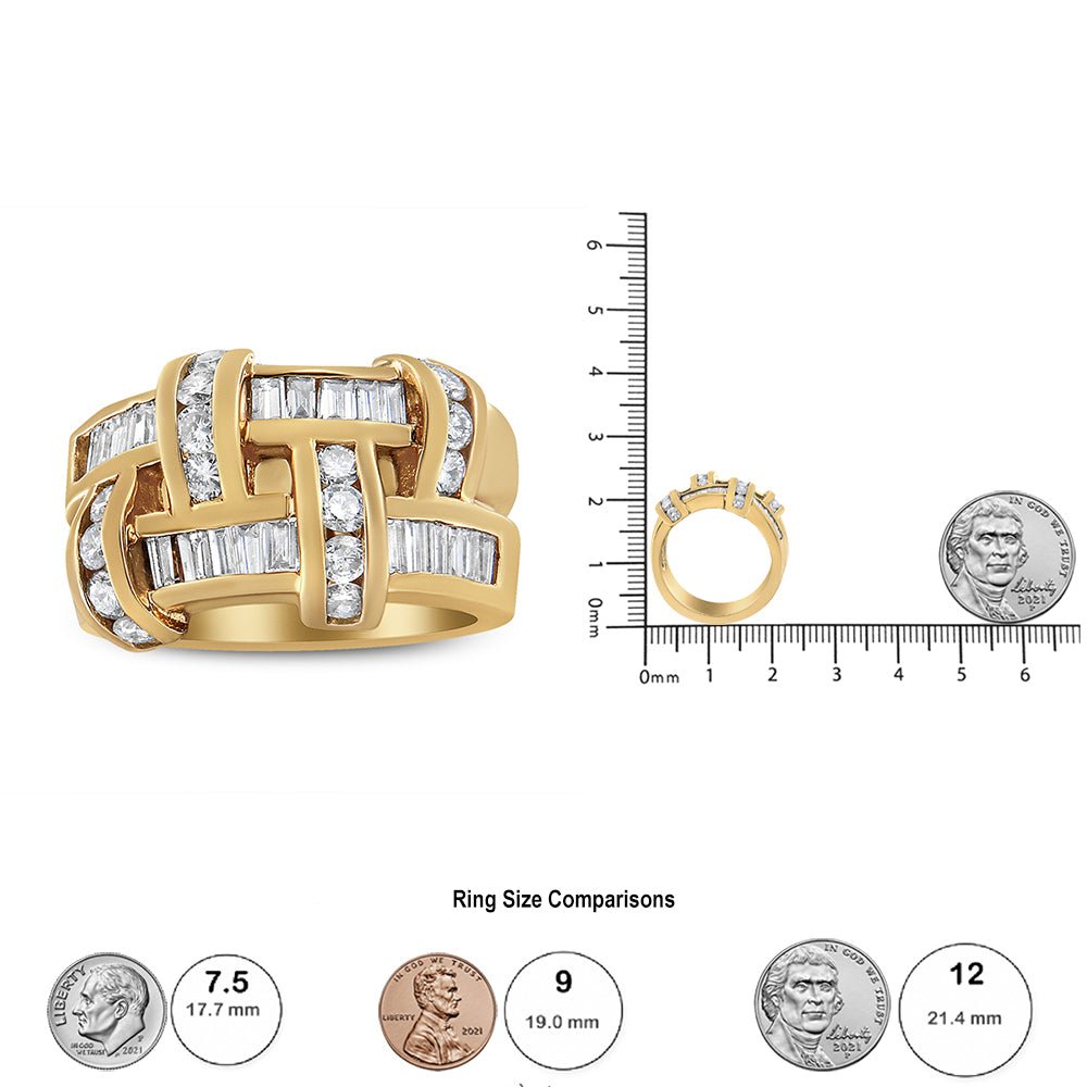 14K Yellow Gold 1 5/8 Cttw Round and Baguette Diamond Lattice Grid Design Ring Band (H - I Color, VS2 - SI1 Clarity) - Ring Size 6 - LinkagejewelrydesignLinkagejewelrydesign