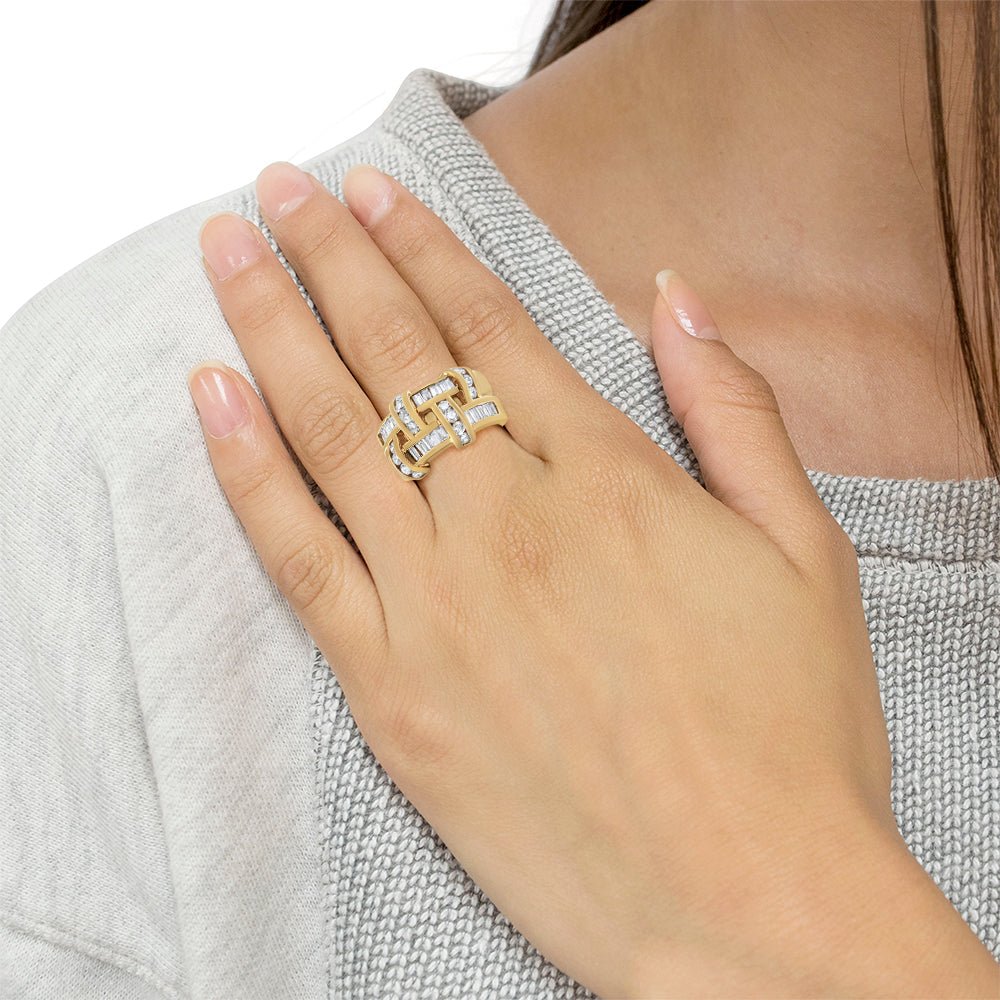 14K Yellow Gold 1 5/8 Cttw Round and Baguette Diamond Lattice Grid Design Ring Band (H - I Color, VS2 - SI1 Clarity) - Ring Size 6 - LinkagejewelrydesignLinkagejewelrydesign
