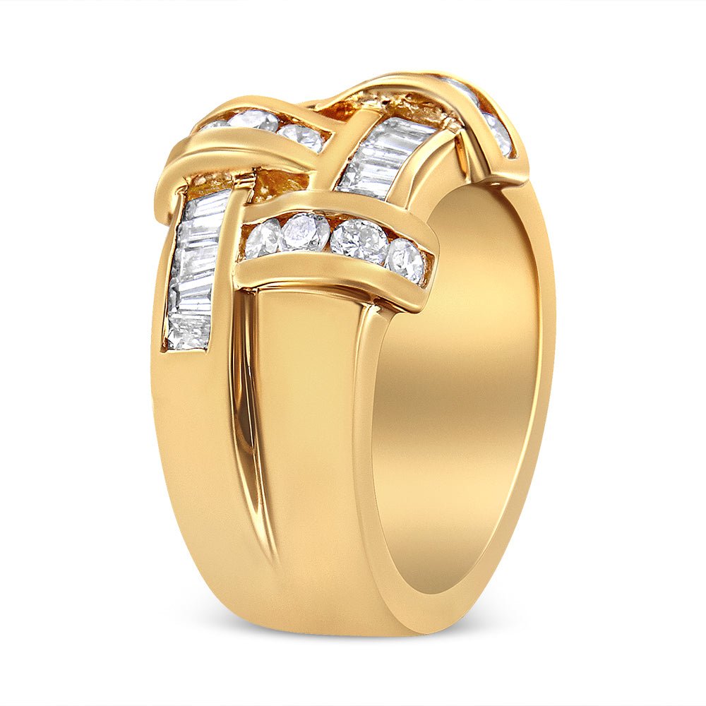 14K Yellow Gold 1 5/8 Cttw Round and Baguette Diamond Lattice Grid Design Ring Band (H - I Color, VS2 - SI1 Clarity) - Ring Size 6 - LinkagejewelrydesignLinkagejewelrydesign