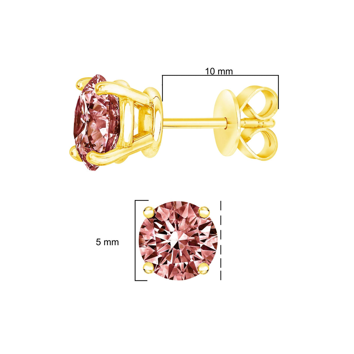 14K Yellow Gold 1.00 Cttw Round Brilliant Cut Lab Grown Pink Diamond 4 - Prong Classic Solitaire Earrings (Pink Color, VVS2 - VS1 Clarity) - LinkagejewelrydesignLinkagejewelrydesign