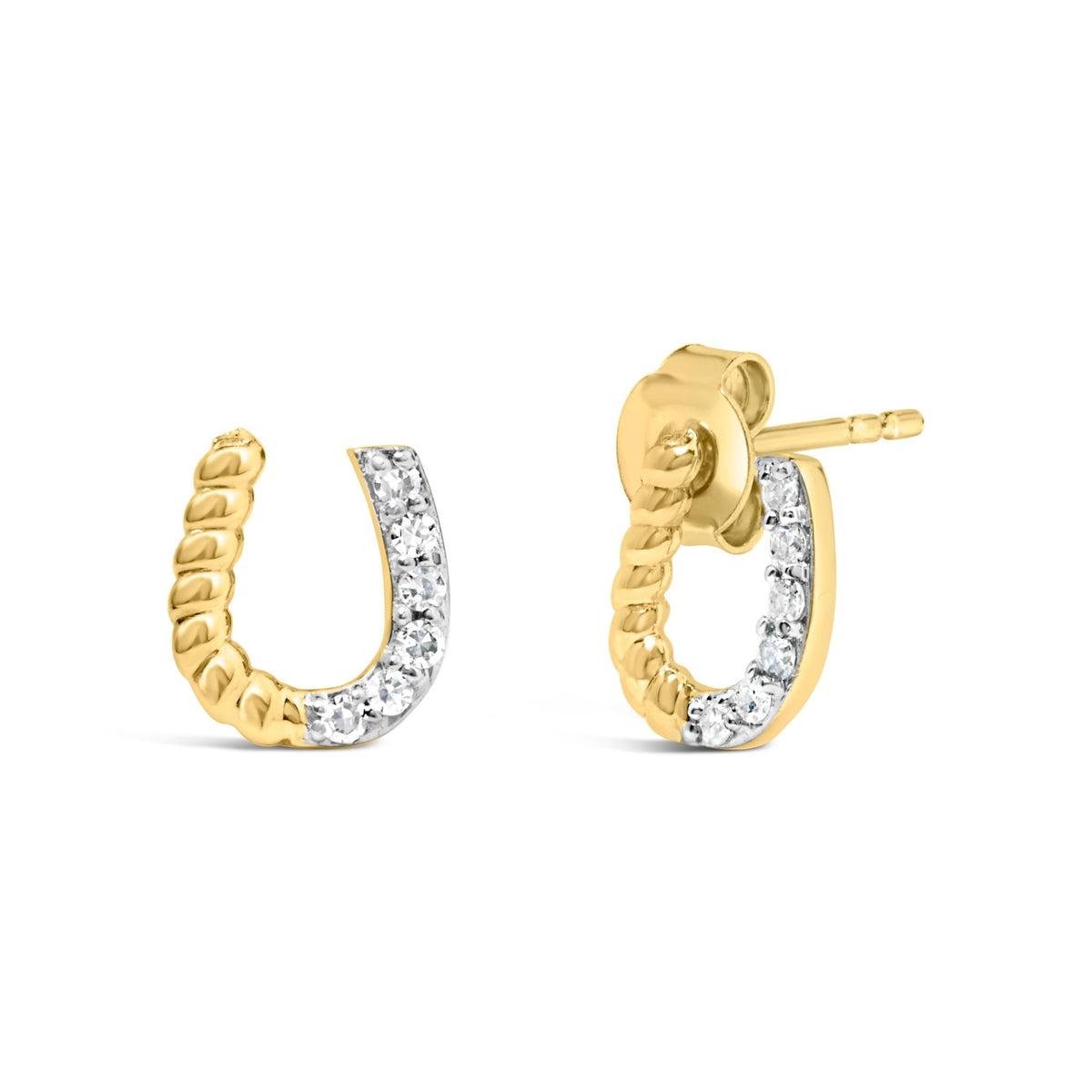 14K Yellow Gold 1/10 Cttw Diamond and Braided Horseshoe Stud Earrings (I - J Color, I1 - I2 Clarity) - LinkagejewelrydesignLinkagejewelrydesign