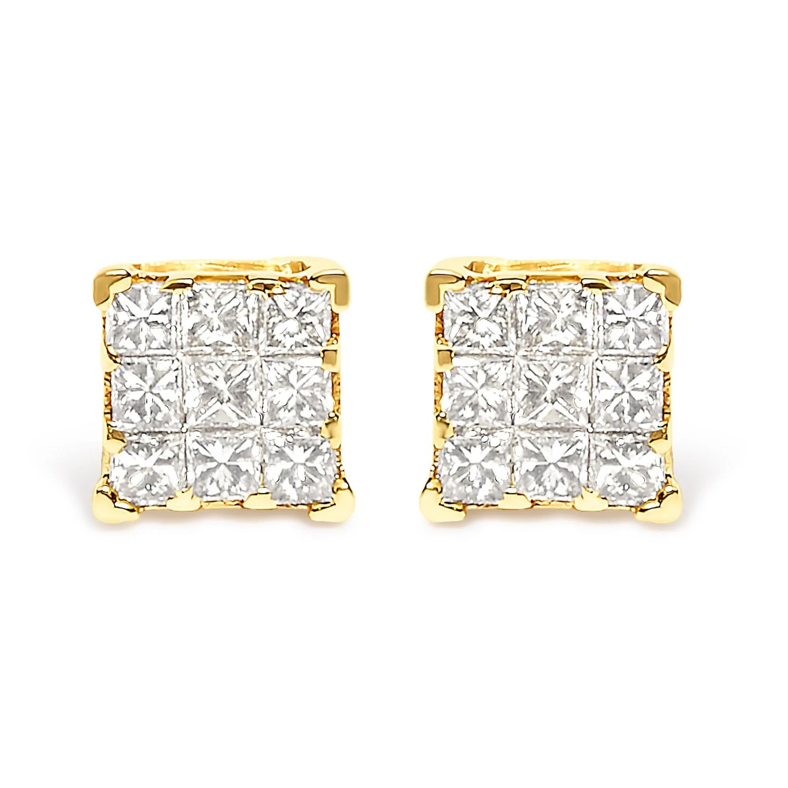 14K Yellow Gold 1/2 Cttw Invisible Set Princess - Cut Diamond 9 Stone Square Stud Earrings (J - K Color, SI2 - I1 Clarity) - LinkagejewelrydesignLinkagejewelrydesign
