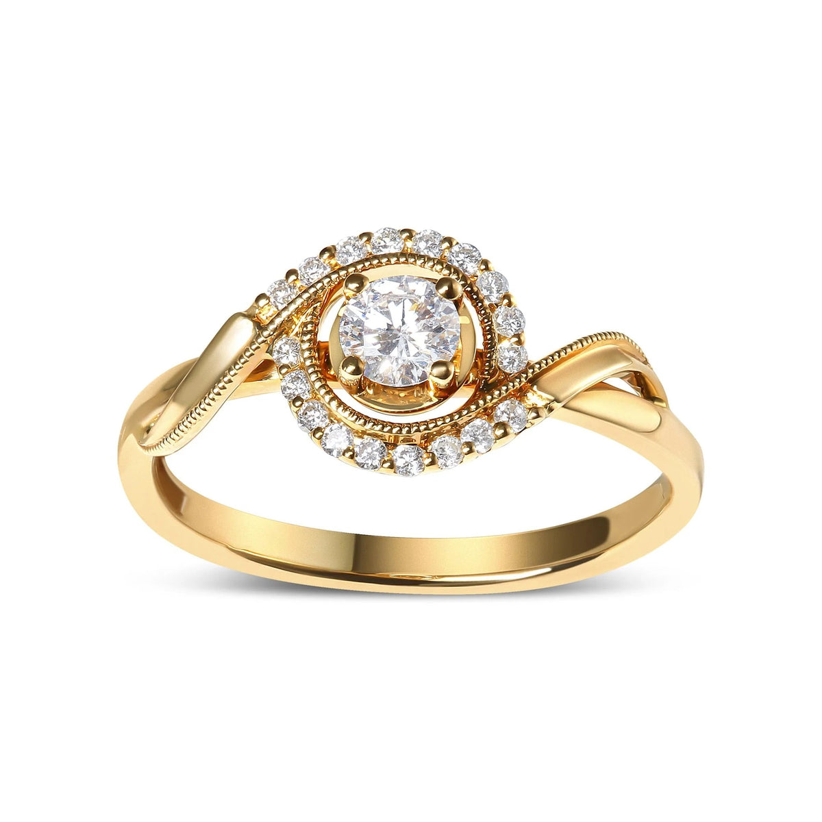 14K Yellow Gold 1/3 Cttw Diamond Solitaire and Halo Swirl Engagement Ring (G - H Color, VS2 - SI1 Clarity) - Size 7 - LinkagejewelrydesignLinkagejewelrydesign