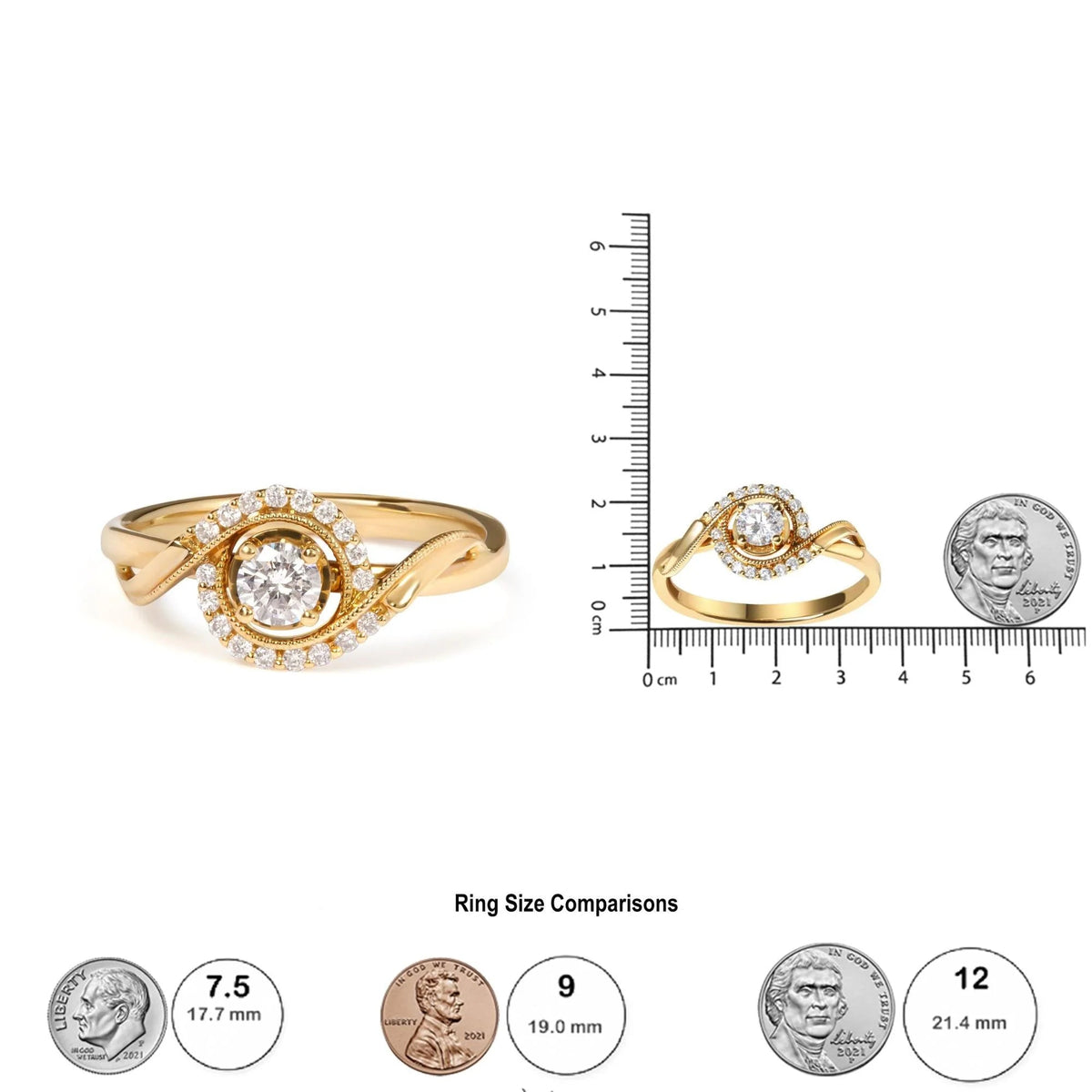 14K Yellow Gold 1/3 Cttw Diamond Solitaire and Halo Swirl Engagement Ring (G - H Color, VS2 - SI1 Clarity) - Size 7 - LinkagejewelrydesignLinkagejewelrydesign