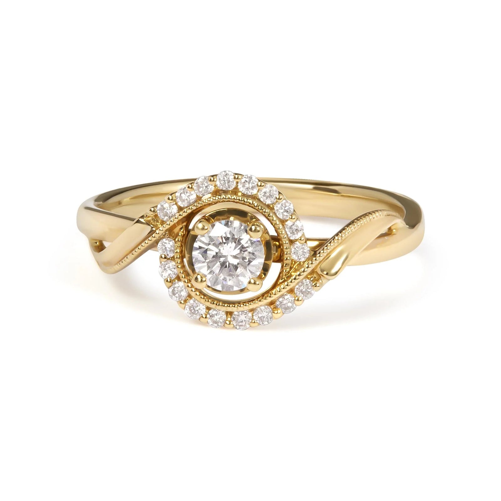 14K Yellow Gold 1/3 Cttw Diamond Solitaire and Halo Swirl Engagement Ring (G - H Color, VS2 - SI1 Clarity) - Size 7 - LinkagejewelrydesignLinkagejewelrydesign