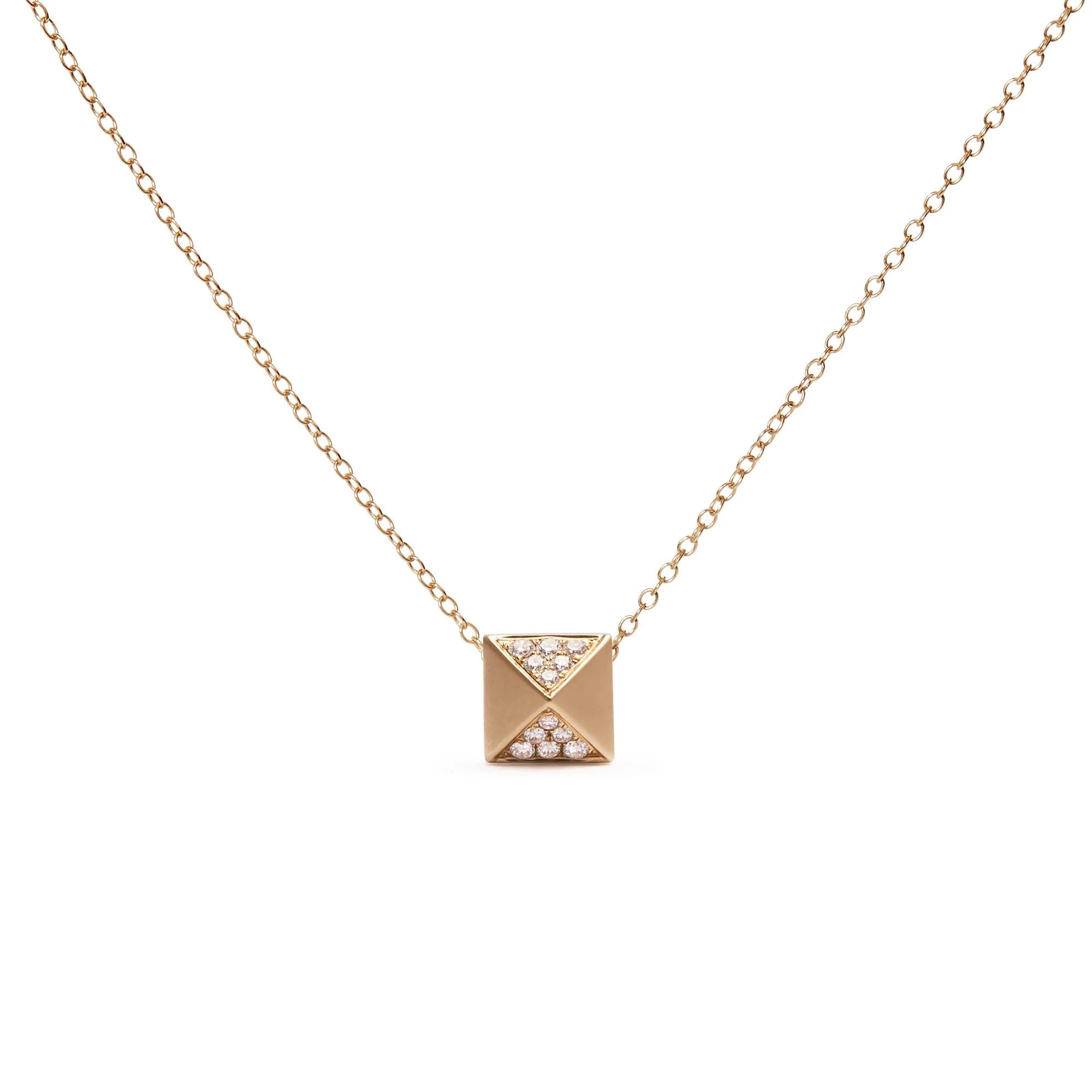 14K Yellow Gold 1/4 Cttw Diamond Matte Finished Pyramid Pendant Necklace (G - H Color, SI1 - SI2 Clarity) - 18 Inches - LinkagejewelrydesignLinkagejewelrydesign