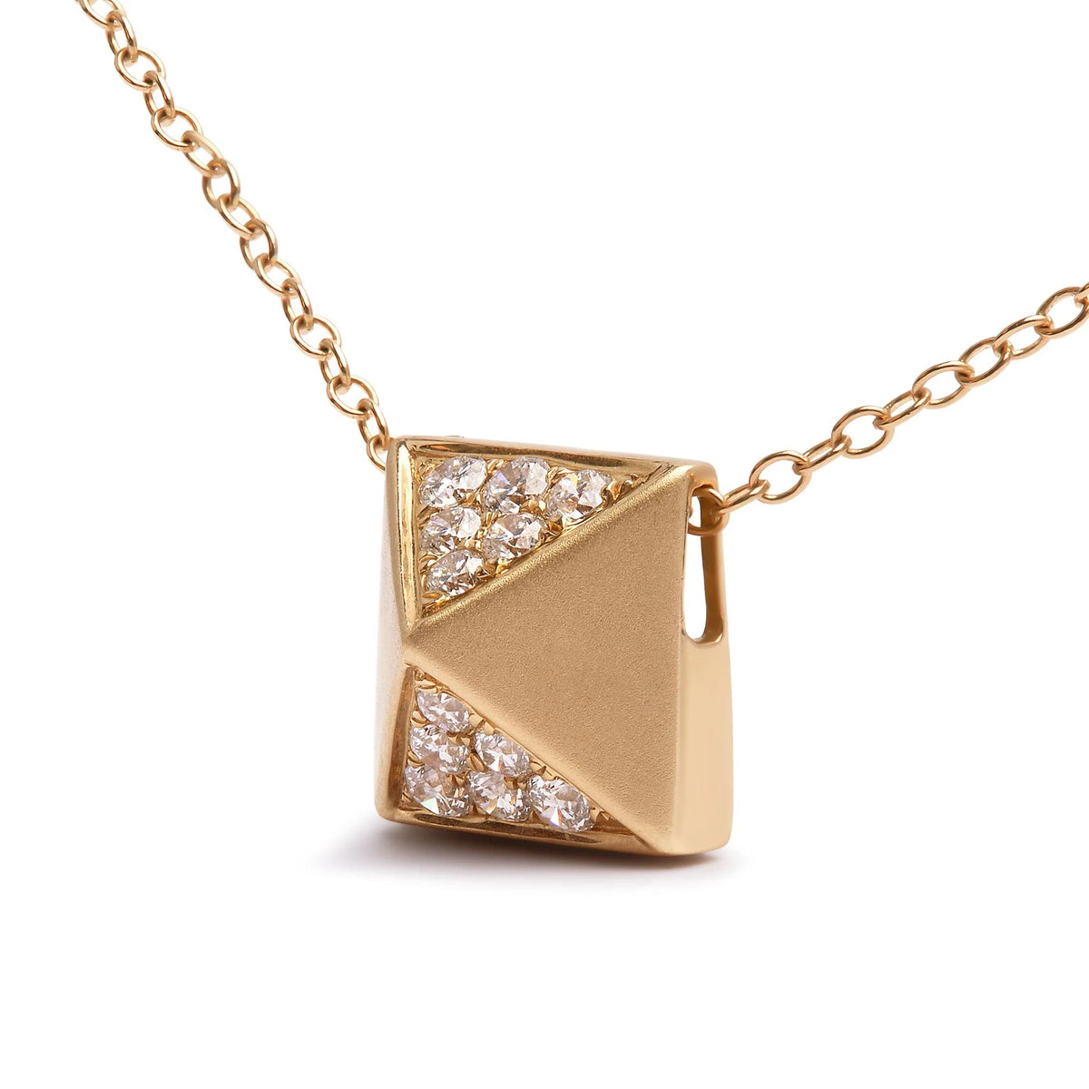 14K Yellow Gold 1/4 Cttw Diamond Matte Finished Pyramid Pendant Necklace (G - H Color, SI1 - SI2 Clarity) - 18 Inches - LinkagejewelrydesignLinkagejewelrydesign