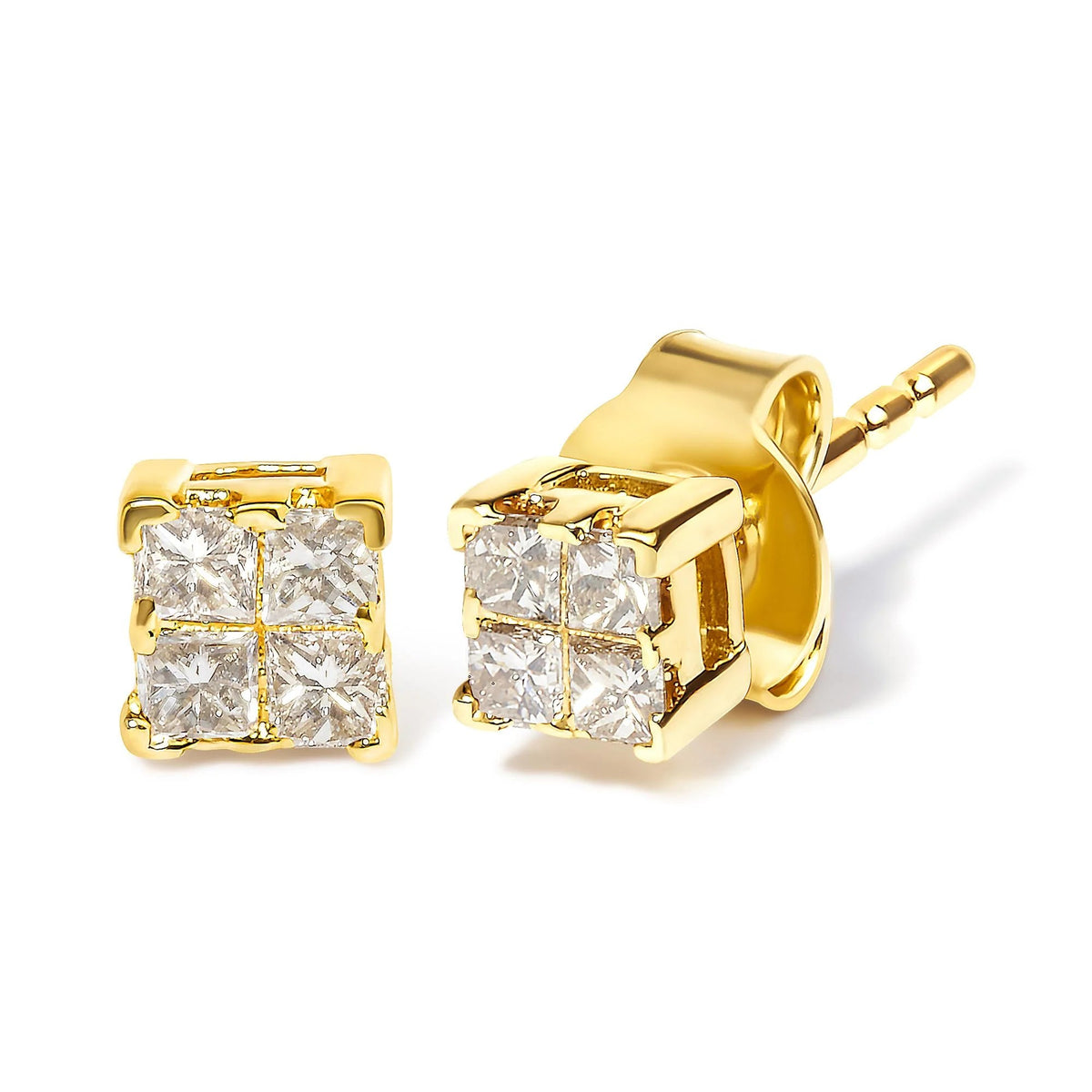 14K Yellow Gold 1/4 Cttw Invisible Set Princess - Cut Diamond Square Stud Earring (J - K Color, I1 - I2 Clarity) - LinkagejewelrydesignLinkagejewelrydesign