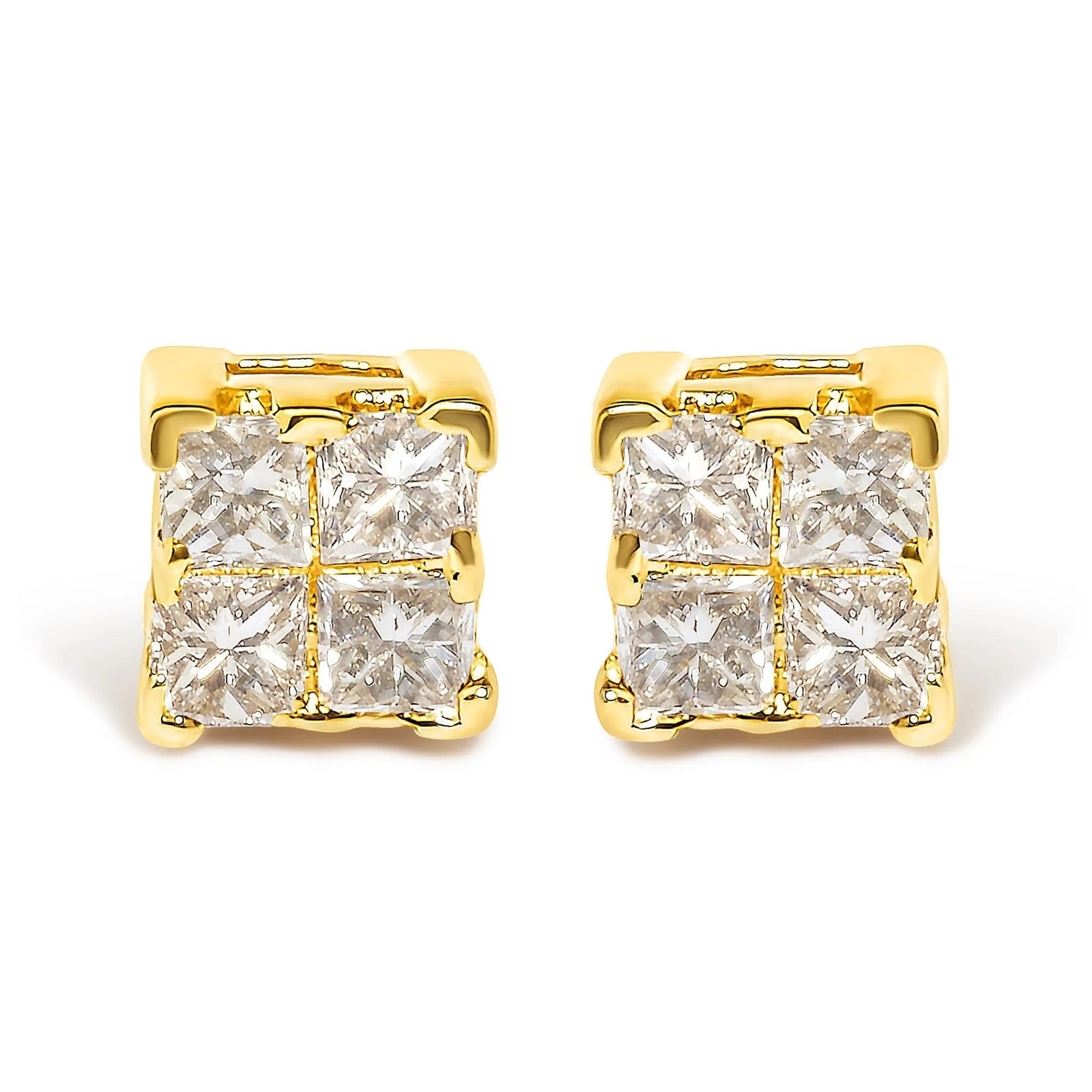 14K Yellow Gold 1/4 Cttw Invisible Set Princess - Cut Diamond Square Stud Earring (J - K Color, I1 - I2 Clarity) - LinkagejewelrydesignLinkagejewelrydesign