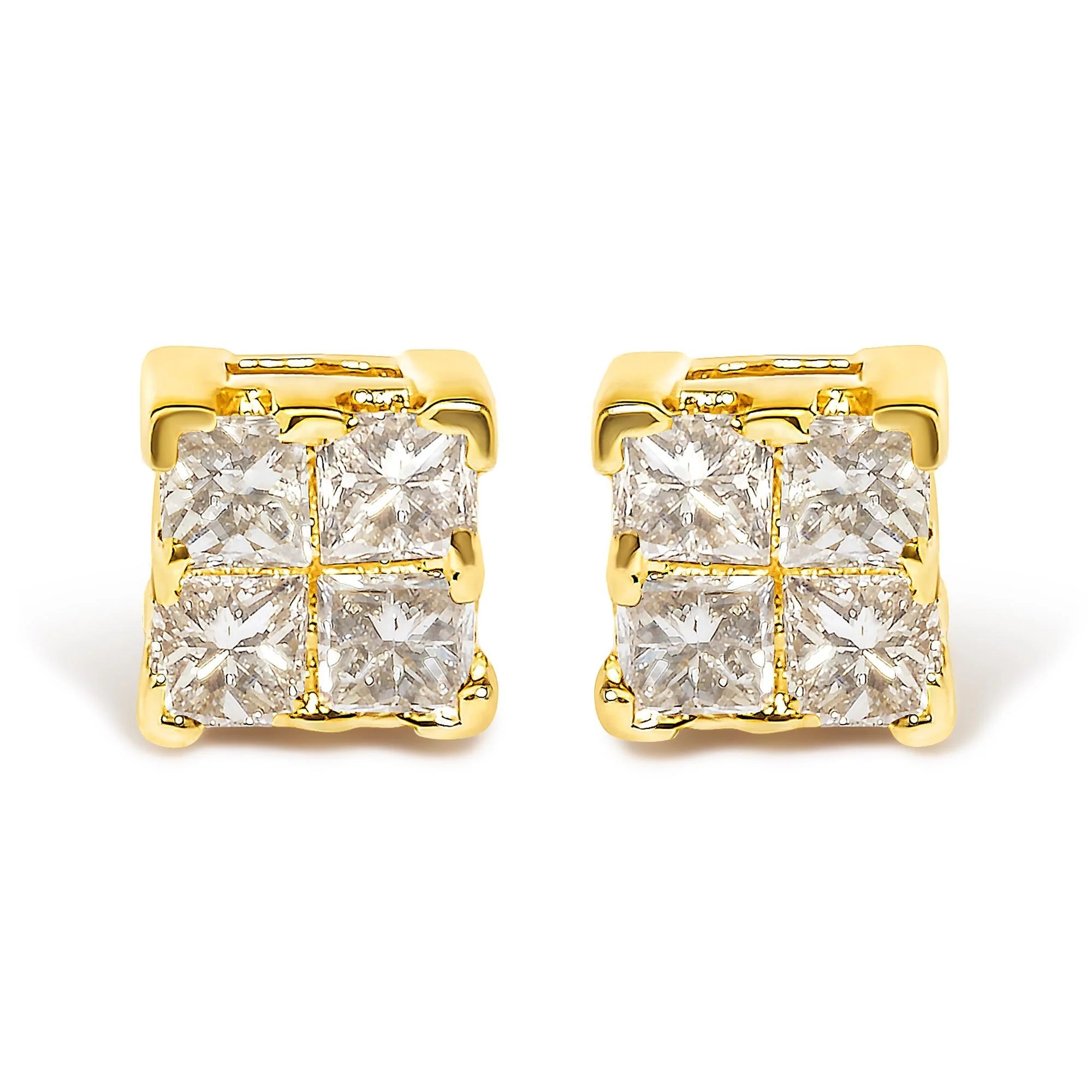 14K Yellow Gold 1/4 Cttw Invisible Set Princess - Cut Diamond Square Stud Earring (J - K Color, I1 - I2 Clarity) - LinkagejewelrydesignLinkagejewelrydesign