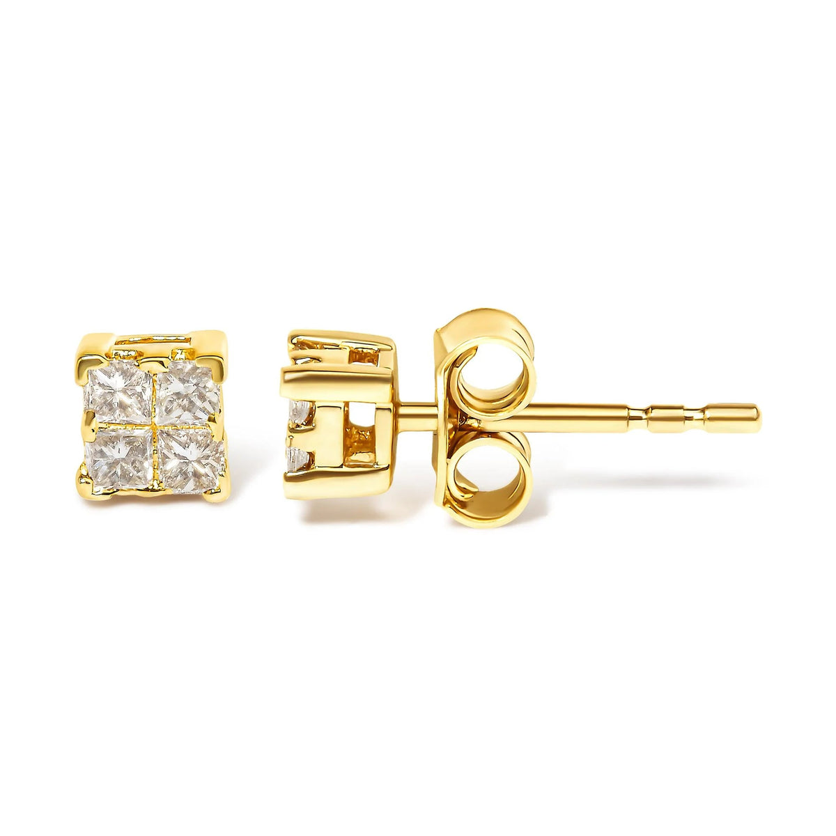 14K Yellow Gold 1/4 Cttw Invisible Set Princess - Cut Diamond Square Stud Earring (J - K Color, I1 - I2 Clarity) - LinkagejewelrydesignLinkagejewelrydesign