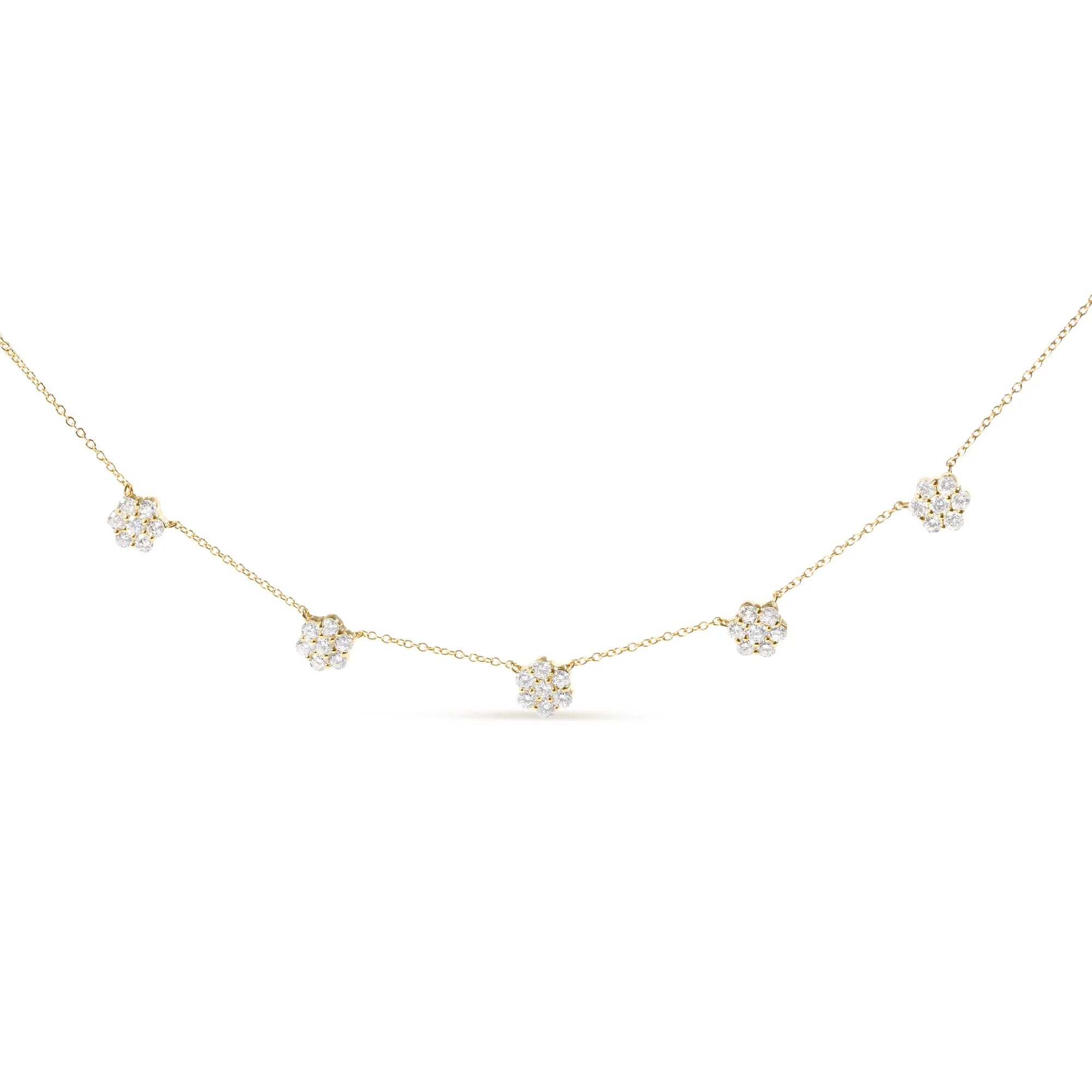 14K Yellow Gold 2.00 Cttw Diamond Cluster 18" Station Necklace (I - J Color, I1 - I2 Clarity) - LinkagejewelrydesignLinkagejewelrydesign