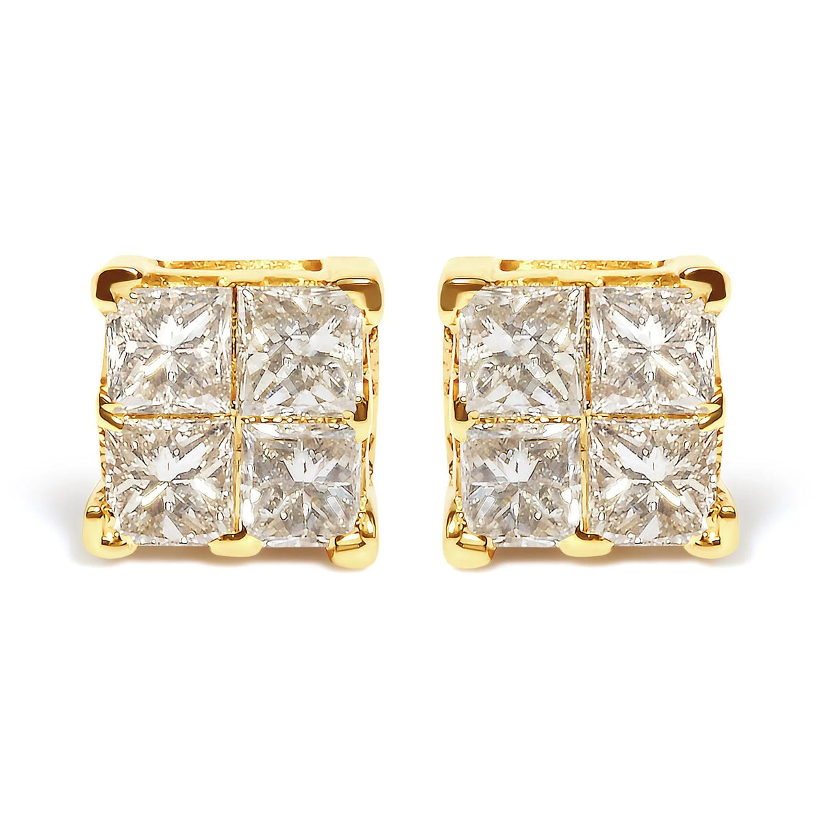 14K Yellow Gold 3/4 Cttw Invisible Set Princess - Cut Diamond 4 Stone Square Stud Earrings (J - K Color, SI2 - I1 Clarity) - LinkagejewelrydesignLinkagejewelrydesign