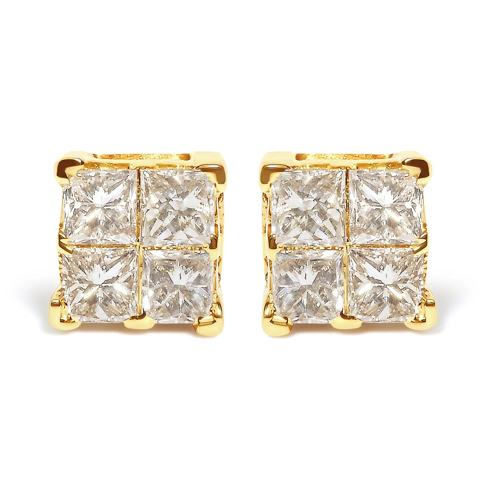 14K Yellow Gold 3/4 Cttw Invisible Set Princess - Cut Diamond 4 Stone Square Stud Earrings (J - K Color, SI2 - I1 Clarity) - LinkagejewelrydesignLinkagejewelrydesign