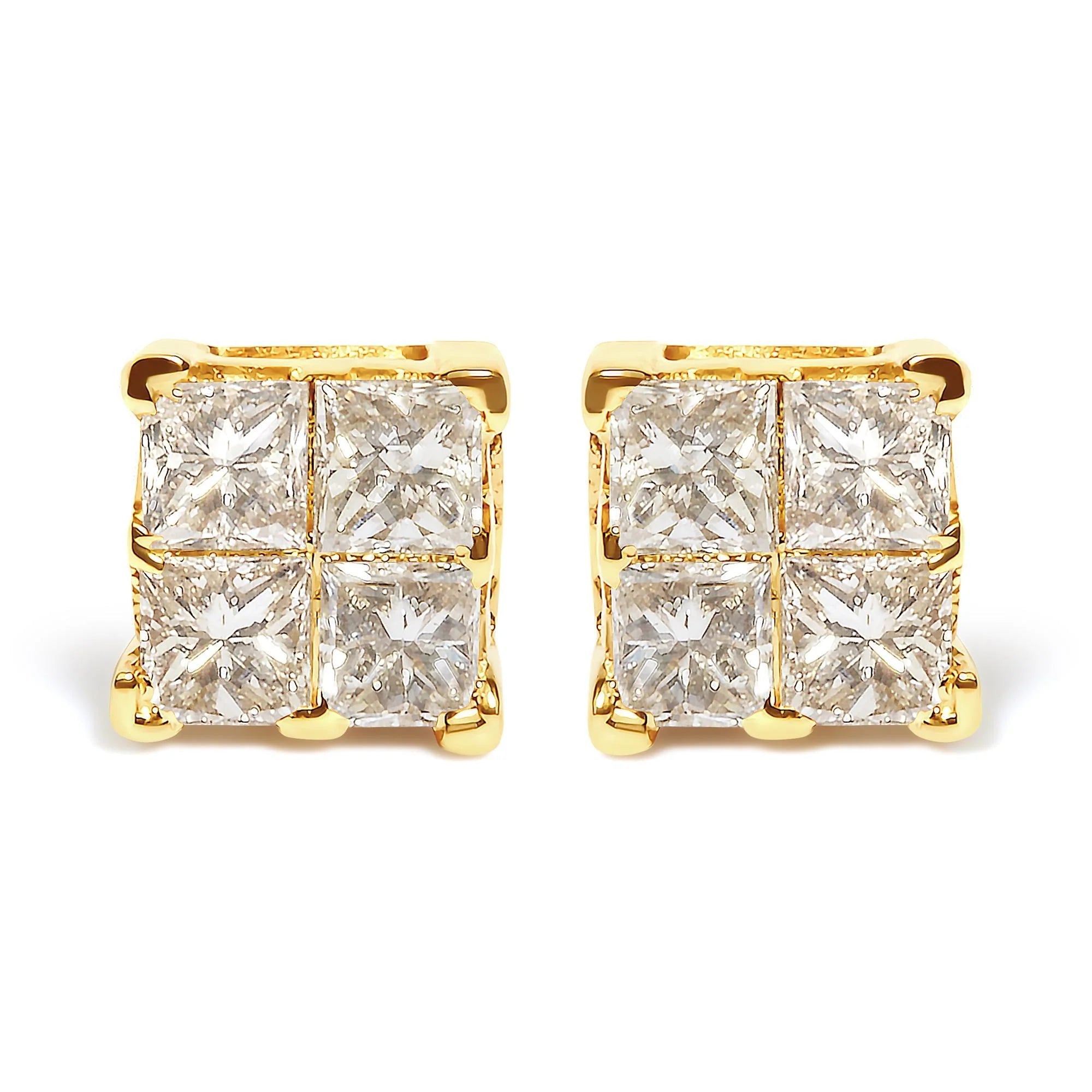 14K Yellow Gold 3/4 Cttw Invisible Set Princess - Cut Diamond 4 Stone Square Stud Earrings (J - K Color, SI2 - I1 Clarity) - LinkagejewelrydesignLinkagejewelrydesign