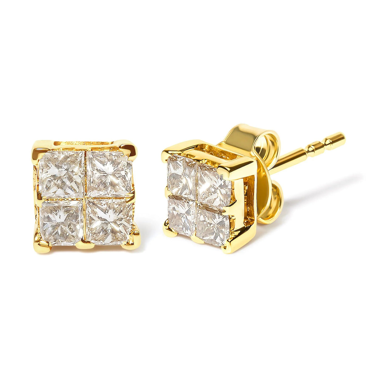 14K Yellow Gold 3/4 Cttw Invisible Set Princess - Cut Diamond 4 Stone Square Stud Earrings (J - K Color, SI2 - I1 Clarity) - LinkagejewelrydesignLinkagejewelrydesign