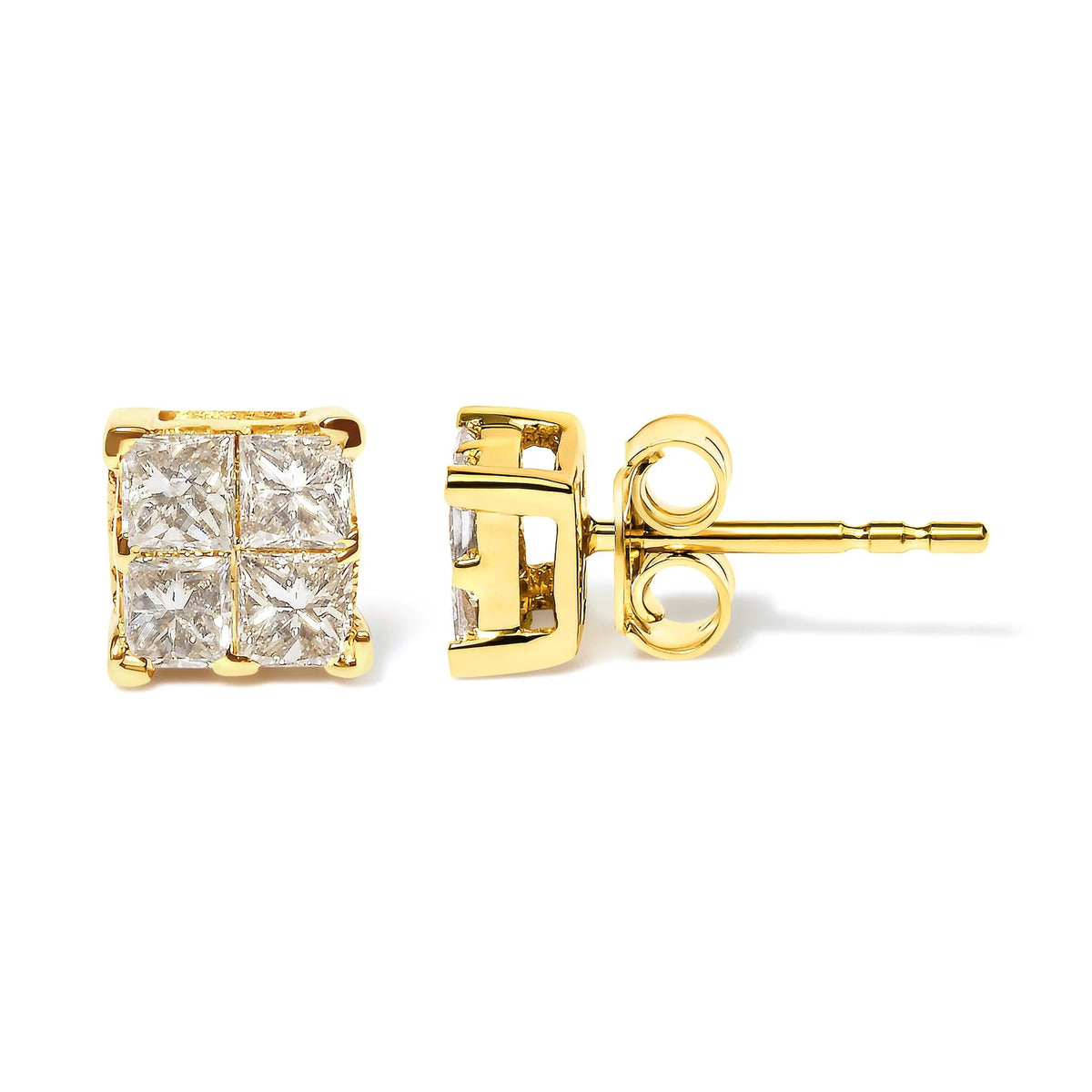 14K Yellow Gold 3/4 Cttw Invisible Set Princess - Cut Diamond 4 Stone Square Stud Earrings (J - K Color, SI2 - I1 Clarity) - LinkagejewelrydesignLinkagejewelrydesign