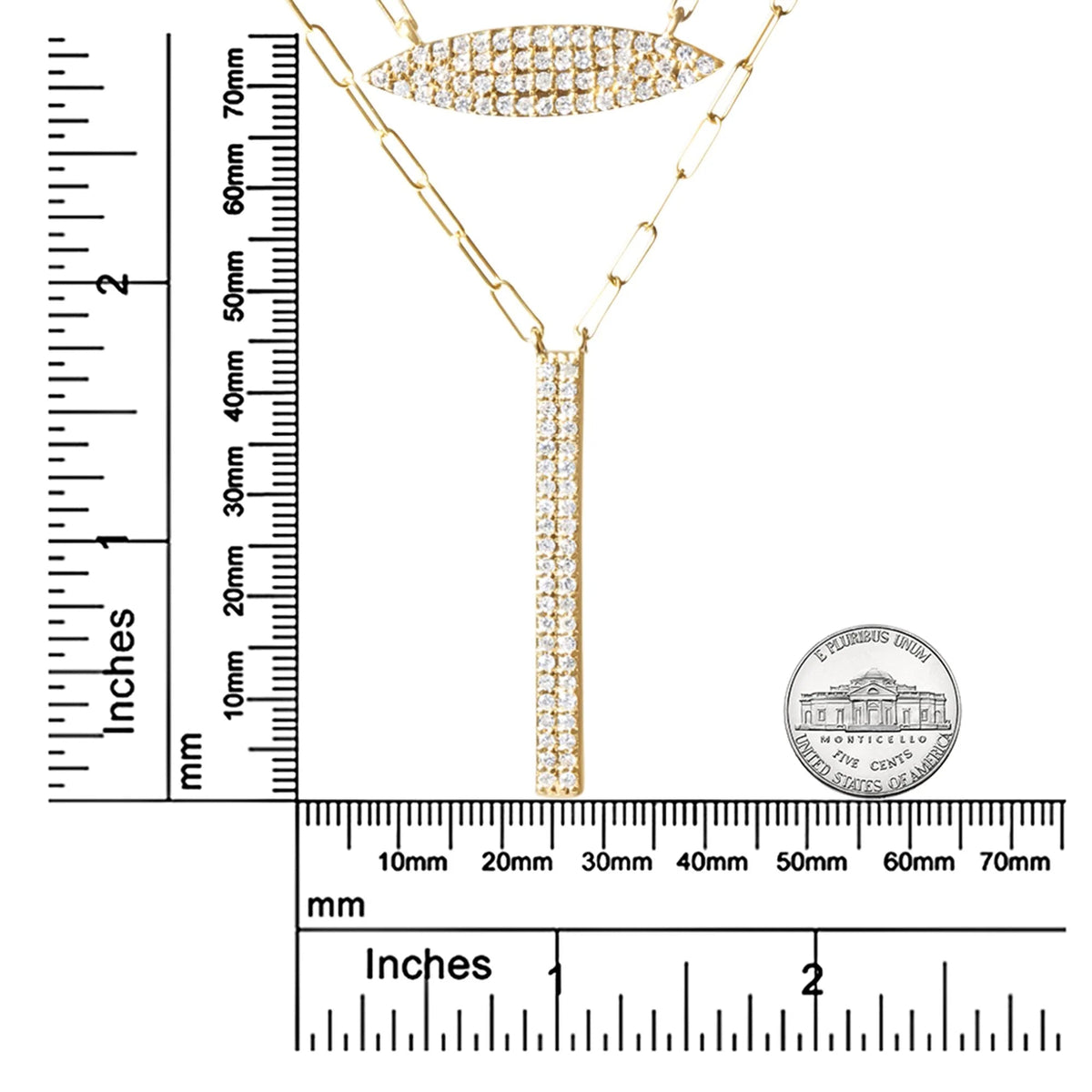 14K Yellow Gold 3/8 Cttw Two - Strand Marquise and Bar Charm Paper Clip Link Pendant Necklace (I - J Color, I1 - I2 Clarity) - 18" and 20" Inch Lengths - LinkagejewelrydesignLinkagejewelrydesign