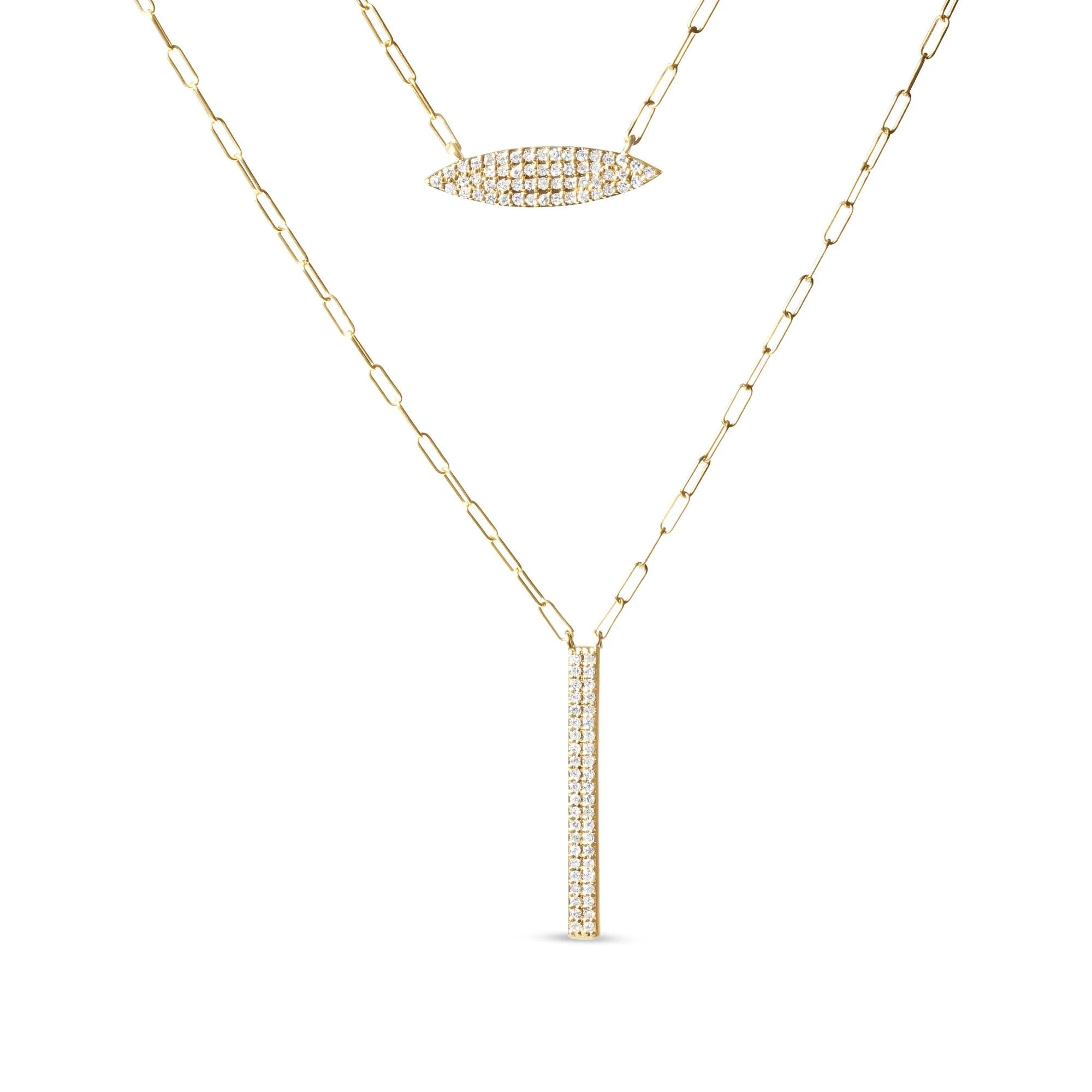 14K Yellow Gold 3/8 Cttw Two - Strand Marquise and Bar Charm Paper Clip Link Pendant Necklace (I - J Color, I1 - I2 Clarity) - 18" and 20" Inch Lengths - LinkagejewelrydesignLinkagejewelrydesign