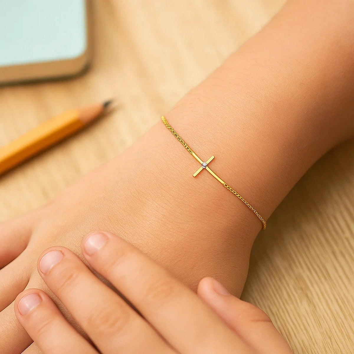 14k Yellow Gold 5 1/2 inch Childrens Bracelet with Cross (1.00 mm) - LinkagejewelrydesignLinkagejewelrydesign