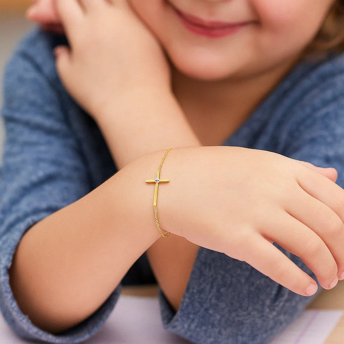 14k Yellow Gold 5 1/2 inch Childrens Bracelet with Cross (1.00 mm) - LinkagejewelrydesignLinkagejewelrydesign