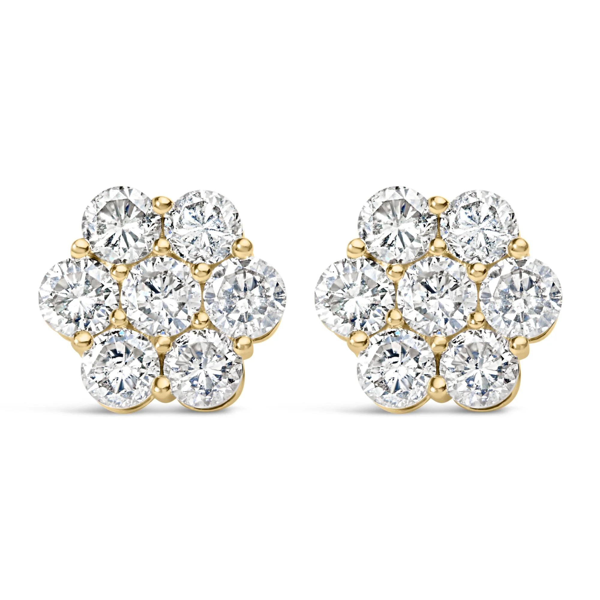 14K Yellow Gold 5.0 Cttw 7 Stone Floral Cluster Round Brilliant Cut Diamond Stud Earrings with Screw Backs (I - J Color, SI2 - I1 Clarity) - LinkagejewelrydesignLinkagejewelrydesign