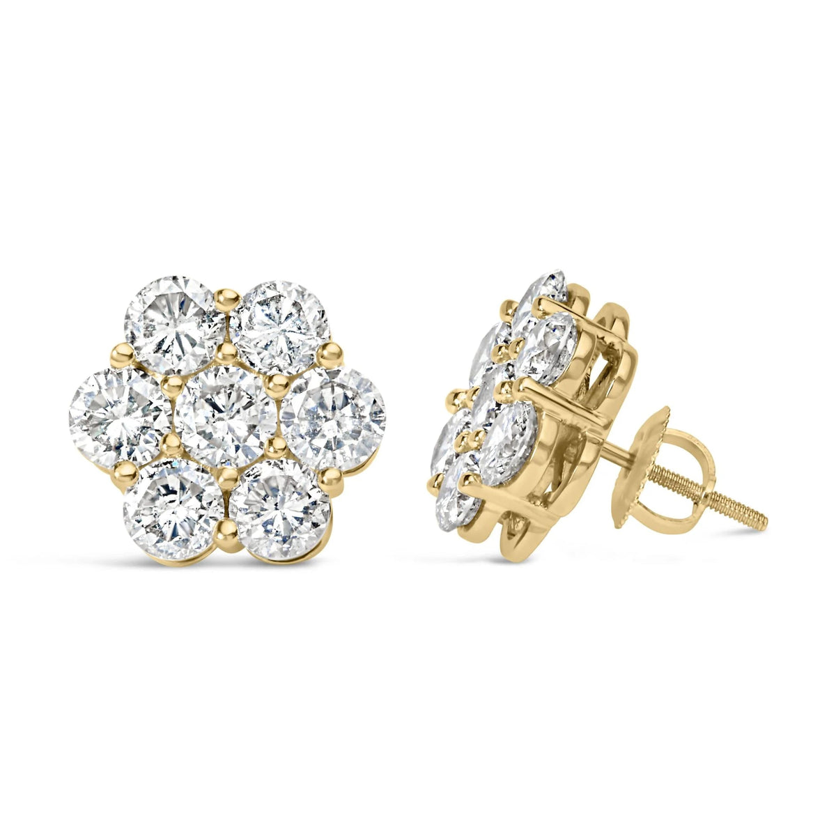14K Yellow Gold 5.0 Cttw 7 Stone Floral Cluster Round Brilliant Cut Diamond Stud Earrings with Screw Backs (I - J Color, SI2 - I1 Clarity) - LinkagejewelrydesignLinkagejewelrydesign