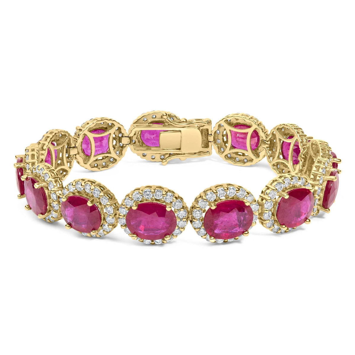 14K Yellow Gold 6 2/5 Cttw Diamond and 34.0 Cttw Oval Red Ruby Halo Link Bracelet (I - J Color, SI1 - SI2 Clarity) - 7.25" Inches - LinkagejewelrydesignLinkagejewelrydesign