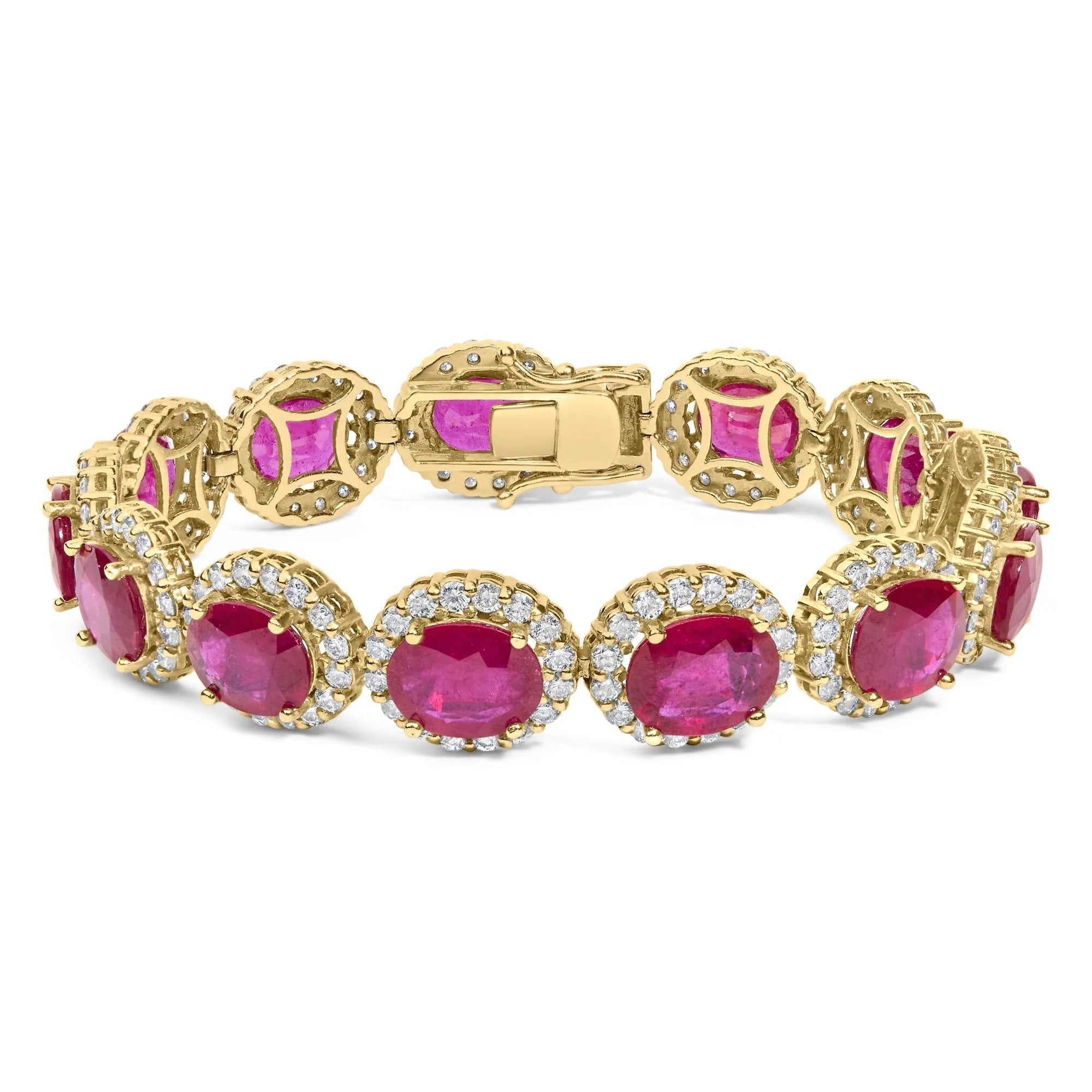 14K Yellow Gold 6 2/5 Cttw Diamond and 34.0 Cttw Oval Red Ruby Halo Link Bracelet (I - J Color, SI1 - SI2 Clarity) - 7.25" Inches - LinkagejewelrydesignLinkagejewelrydesign
