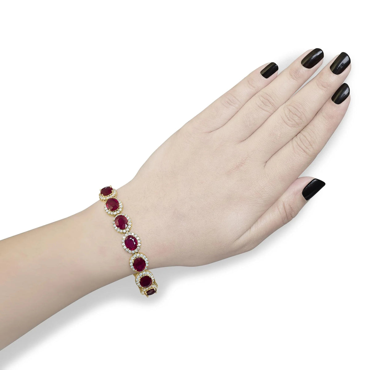 14K Yellow Gold 6 2/5 Cttw Diamond and 34.0 Cttw Oval Red Ruby Halo Link Bracelet (I - J Color, SI1 - SI2 Clarity) - 7.25" Inches - LinkagejewelrydesignLinkagejewelrydesign