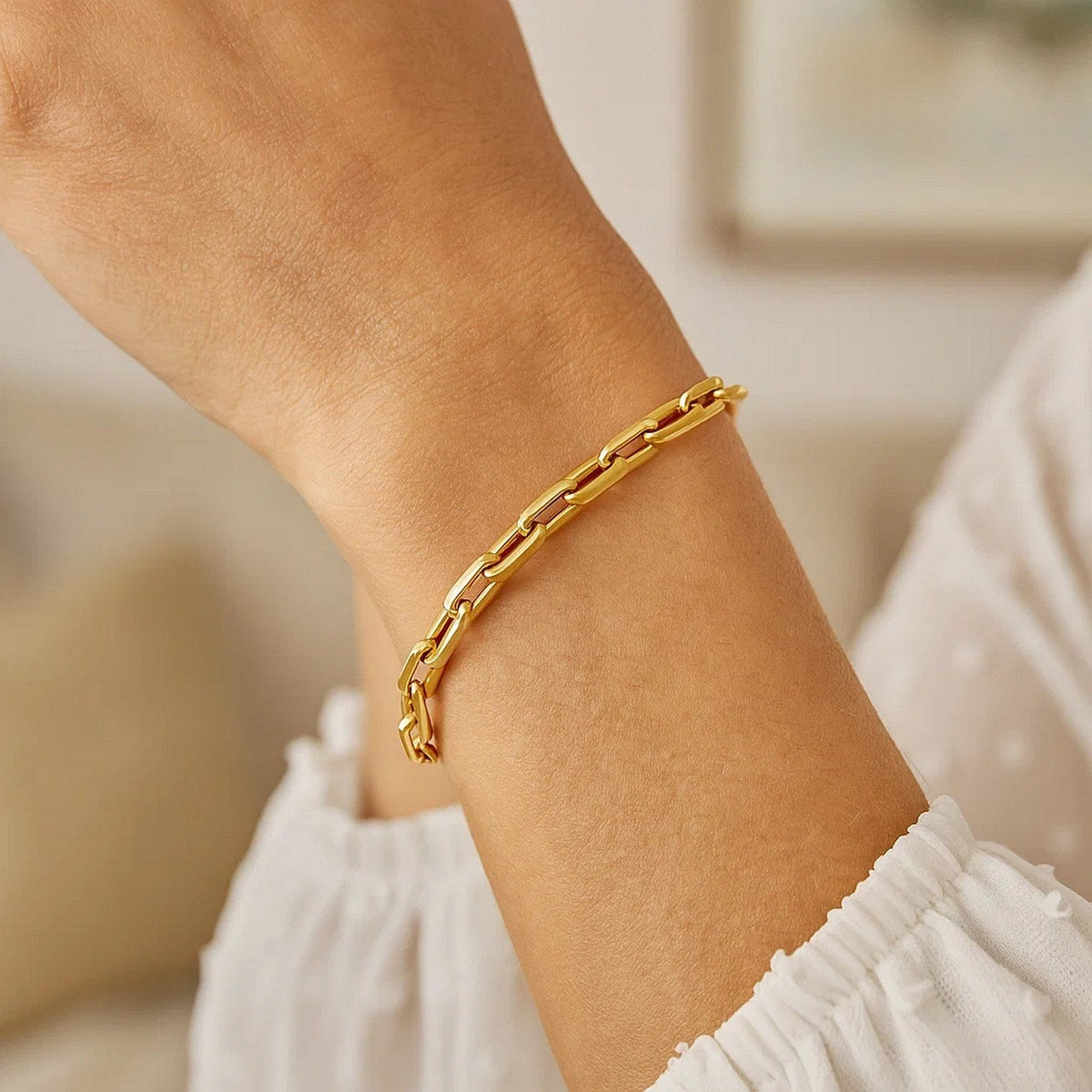 14k Yellow Gold 7 1/2 inch Paperclip Chain Bracelet with Three Diamond Links - LinkagejewelrydesignLinkagejewelrydesign