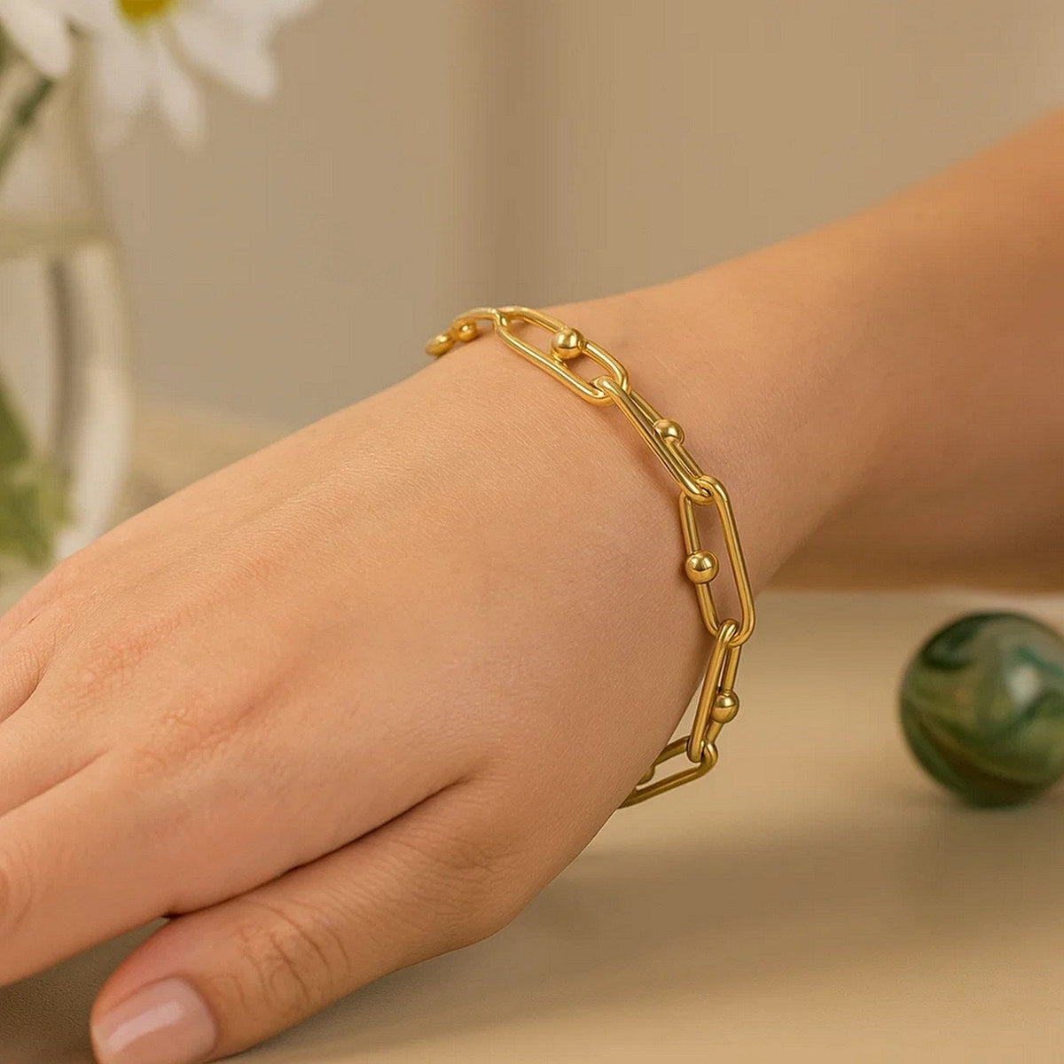 14k Yellow Gold 7 3/4 inch Beaded Oval Chain Bracelet - LinkagejewelrydesignLinkagejewelrydesign