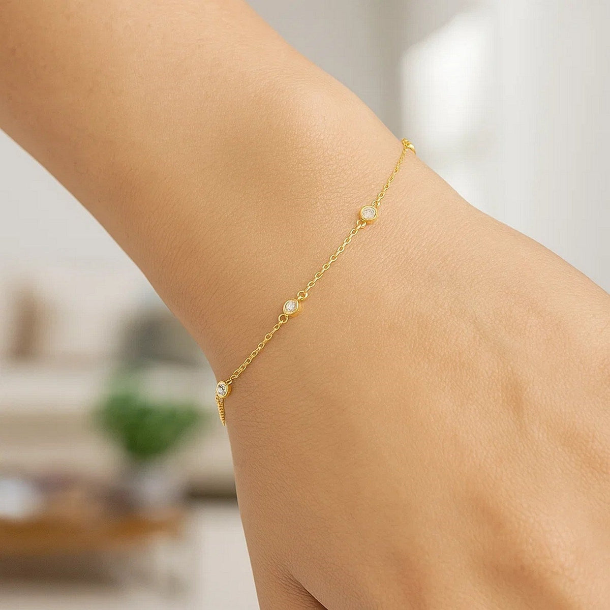 14k Yellow Gold 7 inch Bracelet with Diamond Stations - LinkagejewelrydesignLinkagejewelrydesign