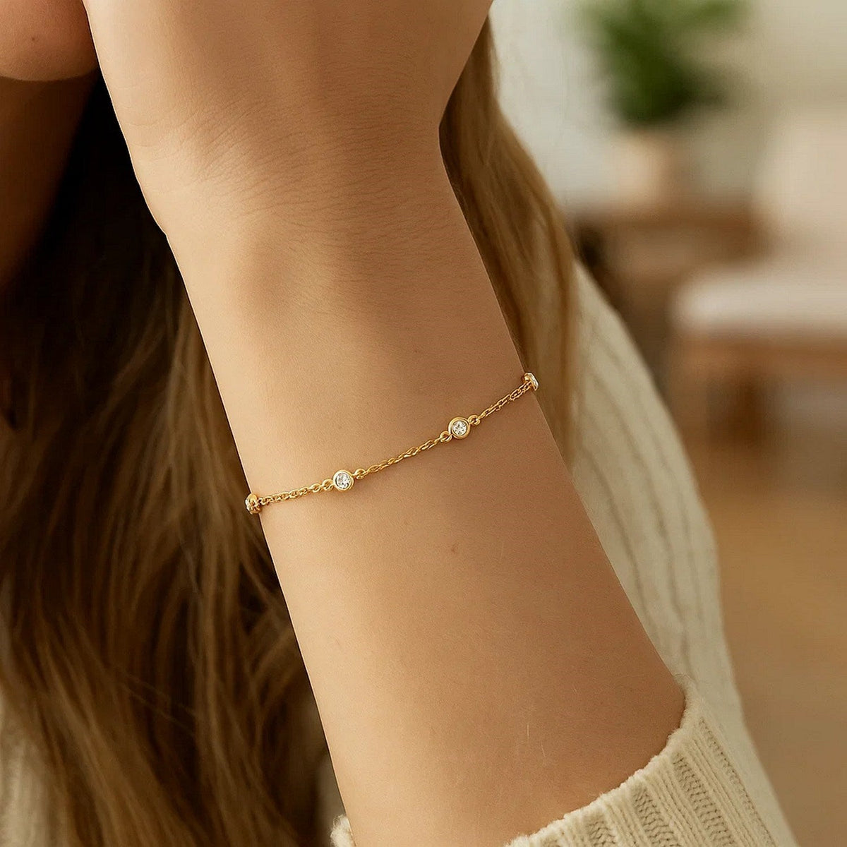 14k Yellow Gold 7 inch Bracelet with Diamond Stations - LinkagejewelrydesignLinkagejewelrydesign