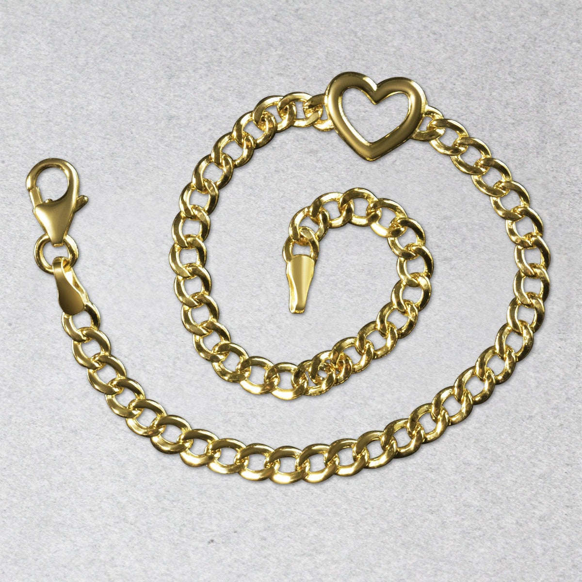14k Yellow Gold 7 inch Curb Chain Bracelet with Heart - LinkagejewelrydesignLinkagejewelrydesign