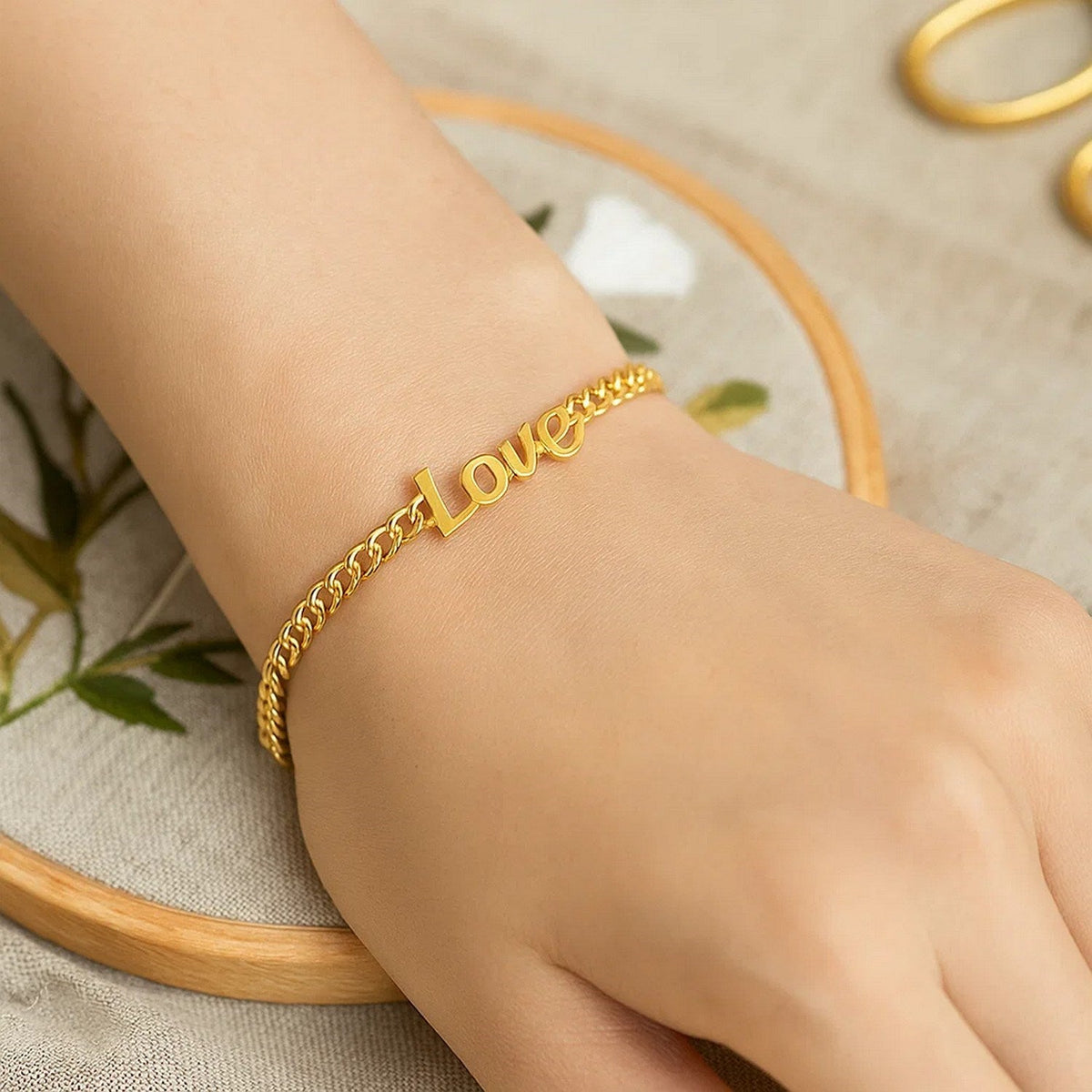 14k Yellow Gold 7 inch Curb Chain Love Bracelet - LinkagejewelrydesignLinkagejewelrydesign