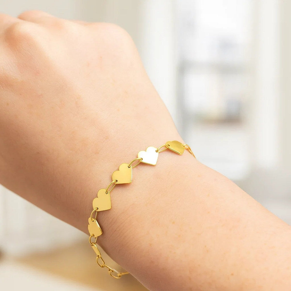 14k Yellow Gold 7 inch Mirrored Heart Chain Bracelet - LinkagejewelrydesignLinkagejewelrydesign