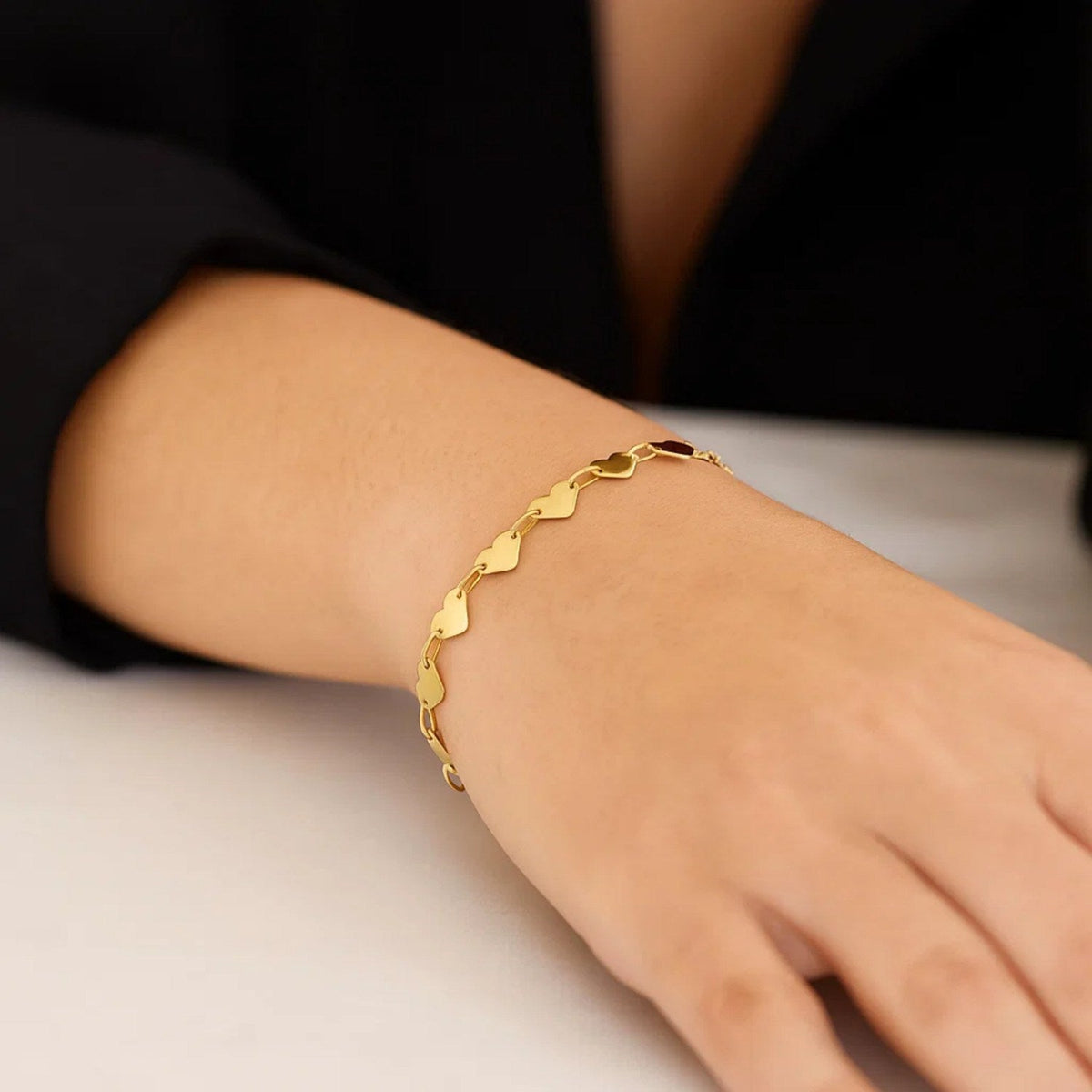 14k Yellow Gold 7 inch Mirrored Heart Chain Bracelet - LinkagejewelrydesignLinkagejewelrydesign