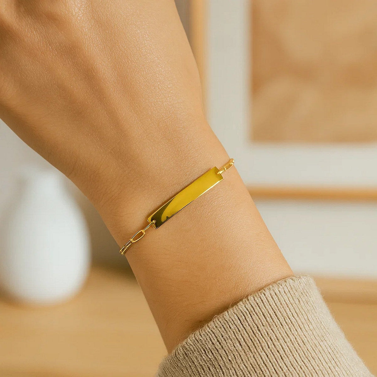 14k Yellow Gold 7 inch Paperclip Chain Bracelet with Bar (2.10 mm) - LinkagejewelrydesignLinkagejewelrydesign