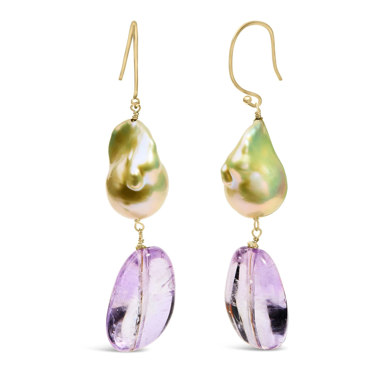 14K Yellow Gold Amethyst and Baroque Pearl Drop and Dangle Earrings 2" Inch Dangle Length - LinkagejewelrydesignLinkagejewelrydesign