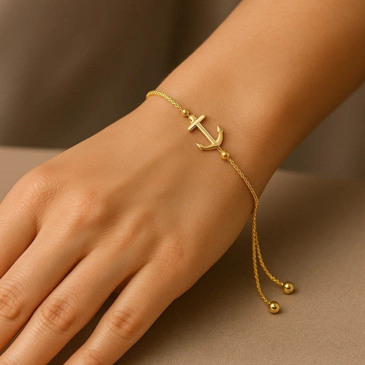 14k Yellow Gold Anchor Design Adjustable Lariat Bracelet - LinkagejewelrydesignLinkagejewelrydesign
